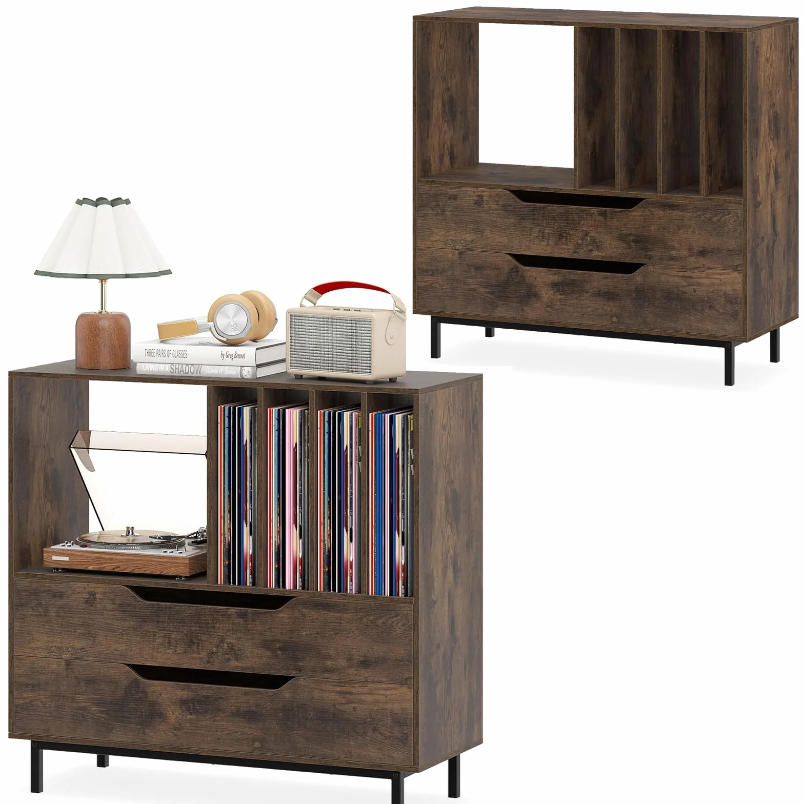 KOMFOTTEU Mueble para Tocadiscos con 2 Cajones, Soporte de Vinilo, Patas de Metal, 91x36x87 cm Marron