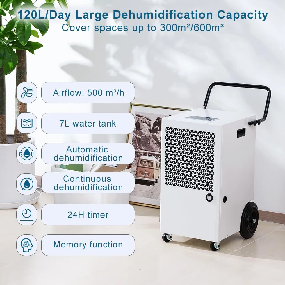 Deshumidificador Industrial Grandes Superficies 120L/Día: Área 300m²/600m3 Deshumidificadores con Sensor de Humedad Eléctrico Temporizador 24H Depósito de 7L para Trastero Baño y Garaje