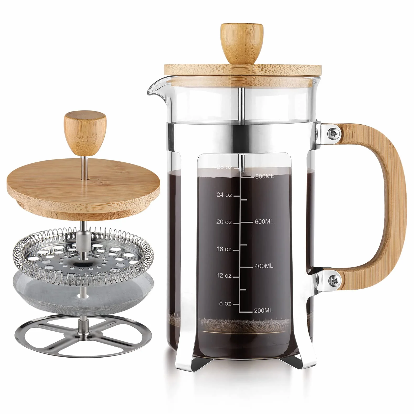 Sivaphe Juego de café de prensa francesa de bambú de 34 onzas, vidrio de borosilicato alto, 1000 ml, espresso/tetera