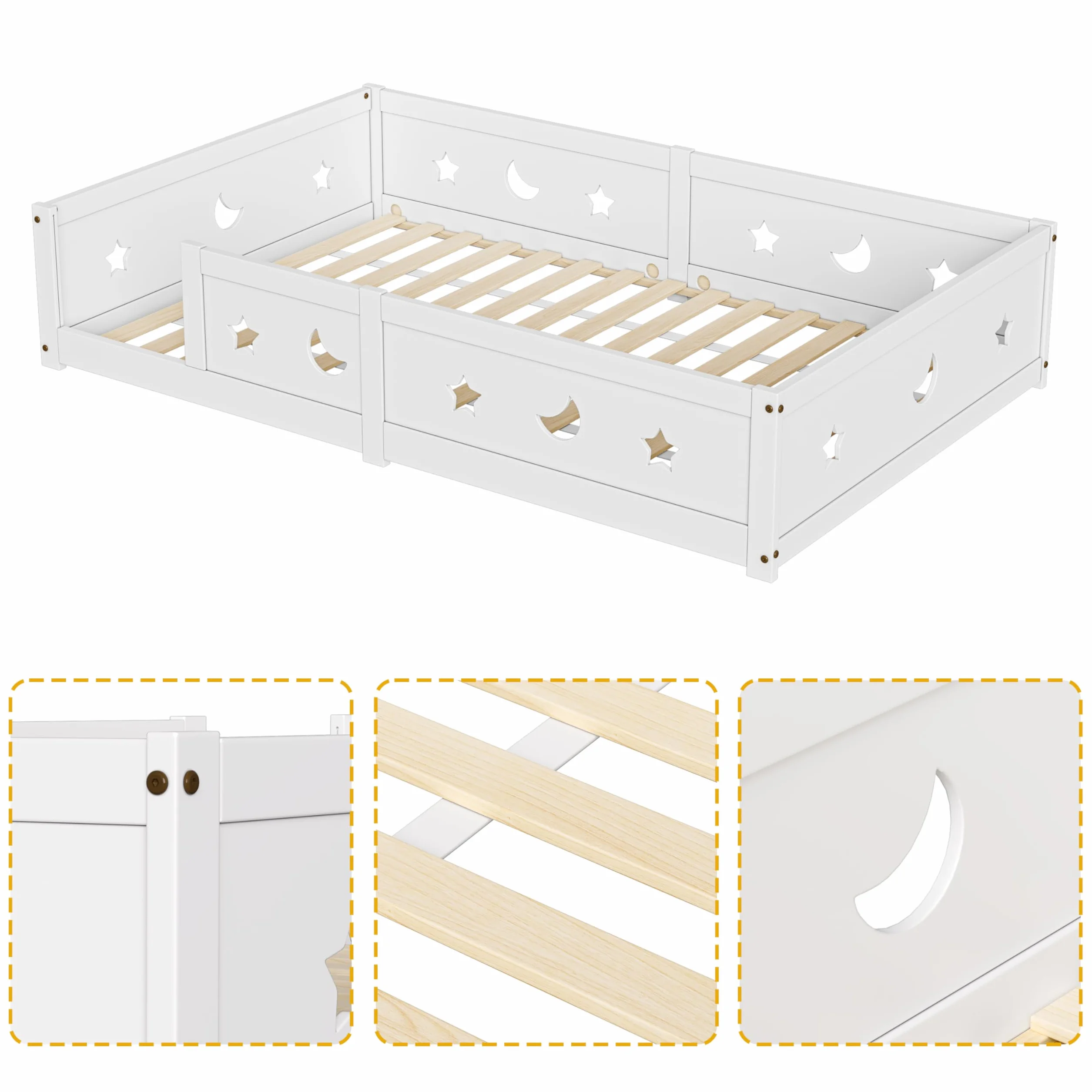 Cama de suelo infantil de 120 x 200, cama Montessori en el suelo de madera maciza con barrera de seguridad y somier de láminas, marco de camas de 1 plaza para niños y niñas, niños y bebés (A