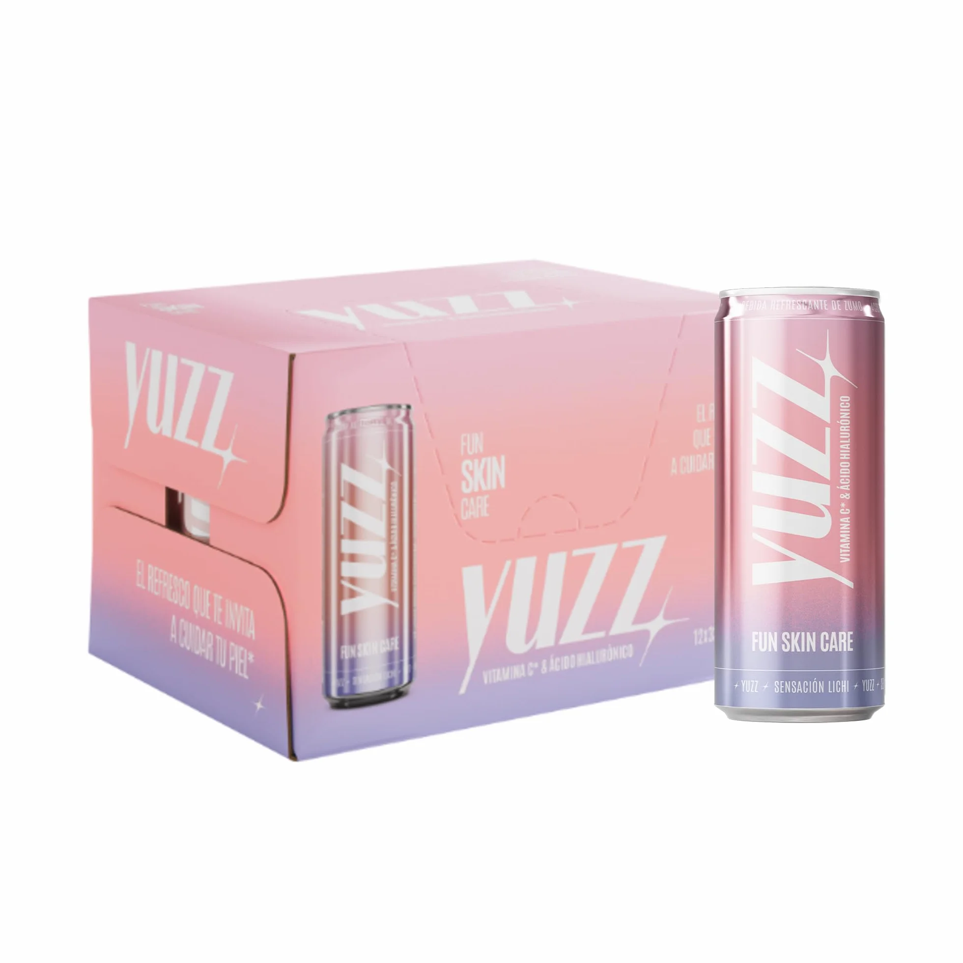 Yuzz Bebida Refrescante con Vitamina C y Ácido Hialurónico Vegano, Baja en Calorías, Pack 12 Latas x 33 cl