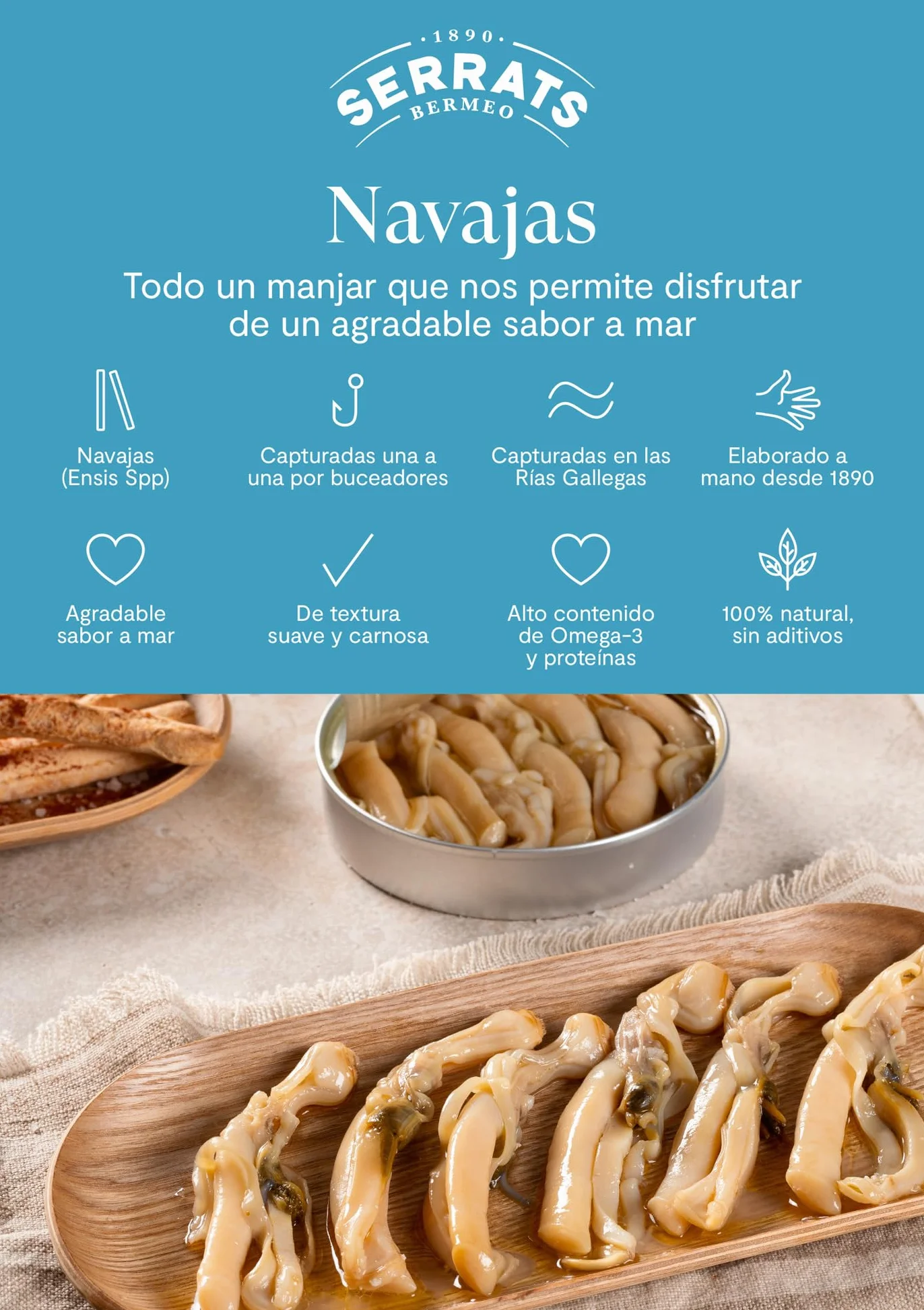 Conservas Serrats Navajas de las Rías Gallegas en aceite de oliva 6-8 piezas