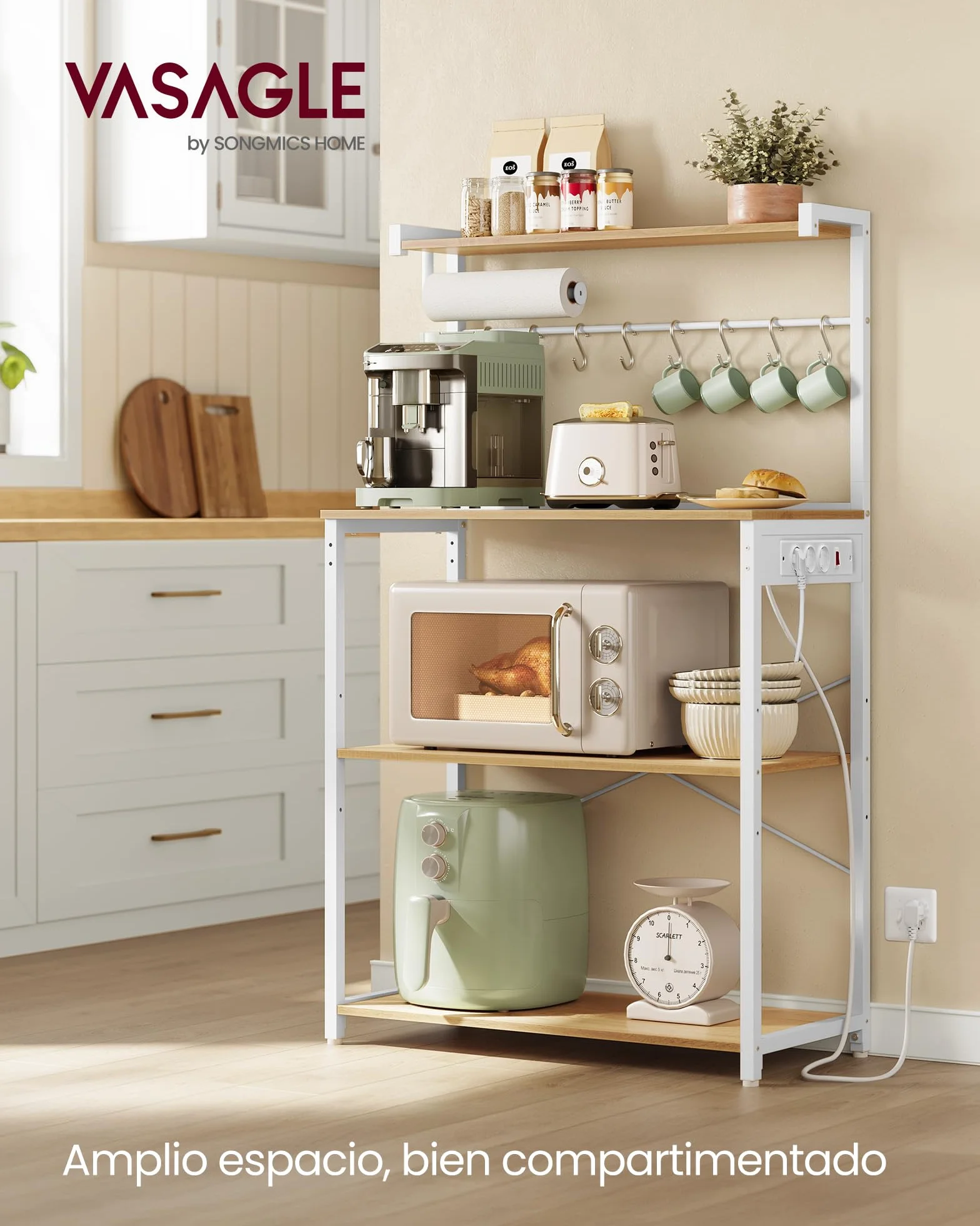 VASAGLE Estantería de Cocina con Enchufe Múltiple, Barra de Café de 4 Niveles con Estante Ajustable, 8 Ganchos S, Soporte de Microondas, 40 x 45 x 140 cm, Roble Dorado y Blanco Nube KKS013YA05