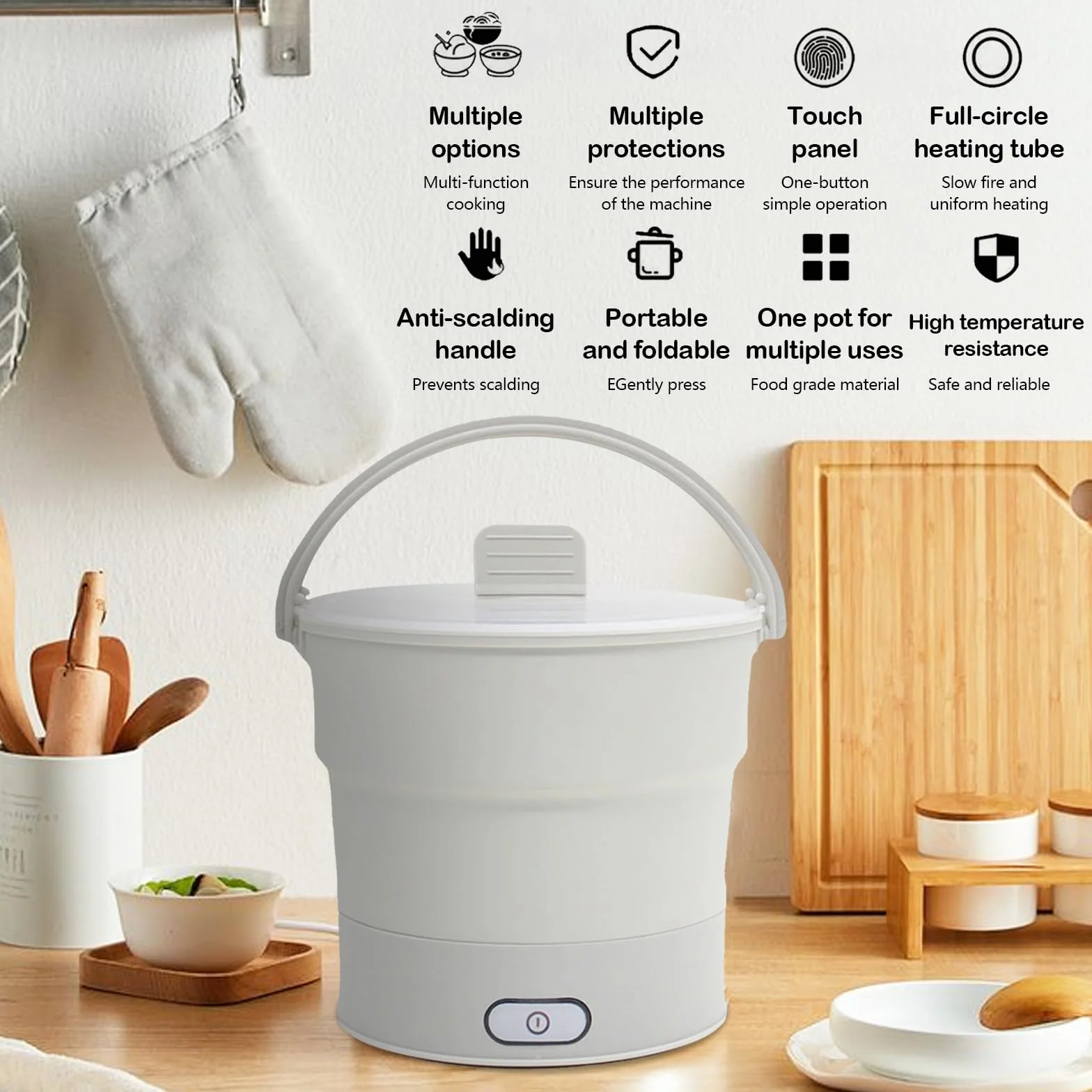 Olla Caliente Eléctrica Plegable 1L Acero Inoxidable con Vaporera para Acampar