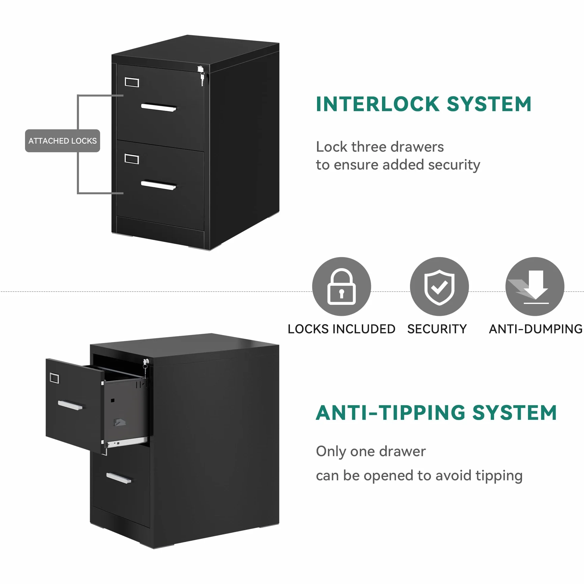 YITAHOME Archivador con cerradura con 2 cajones, archivadores de metal con tarjeta cue para A4, legal, carta, armario de oficina, armario de metal para oficina en casa, archivador colgante, negro, 62