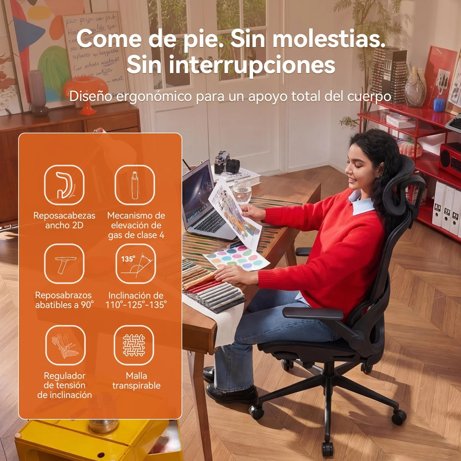 SIHOO Silla de Oficina Ergonómica B100 con Soporte Lumbar, Reposacabezas y Reposabrazos Abatibles, Negra