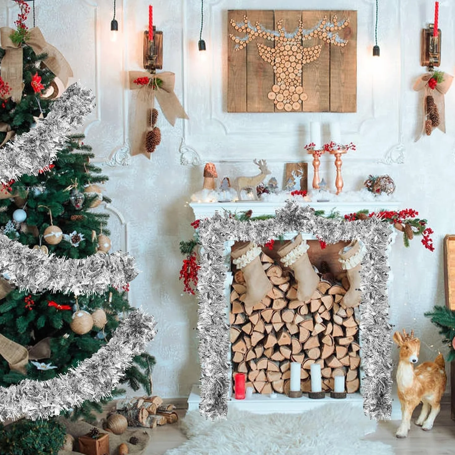 SULOLI Guirnalda de Oropel Navidad de 10 m，Guirnaldas de Tinsel，Espumillón de Cumpleaños，Fiesta，Escalera，Chimenea，Paredes，Árbol de Navidad（Plata）