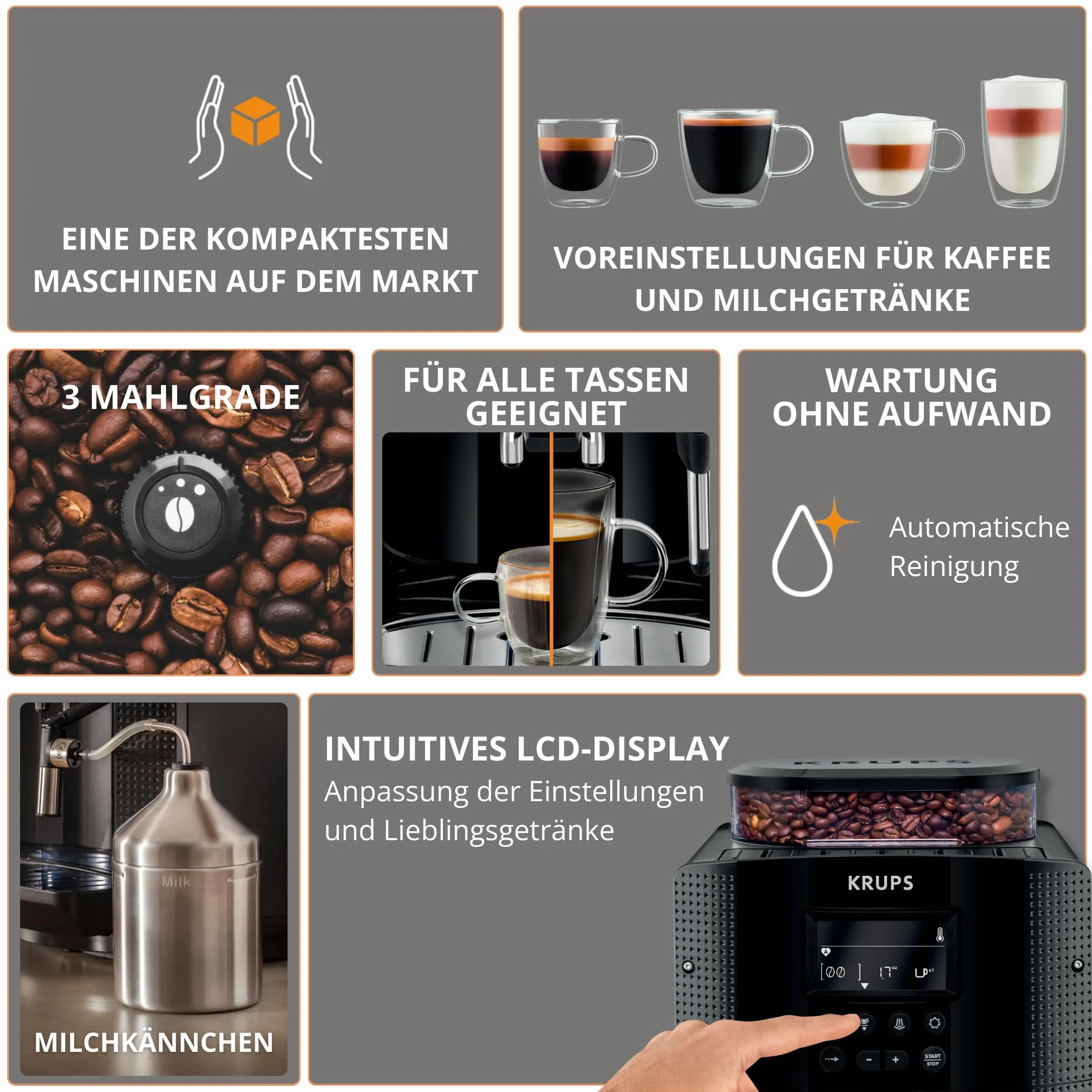 Krups Máquina de café Essential, molinillo de granos, cafetera espresso, pantalla LCD, limpieza automática, boquilla de vapor para capuchino negro YY8135FD