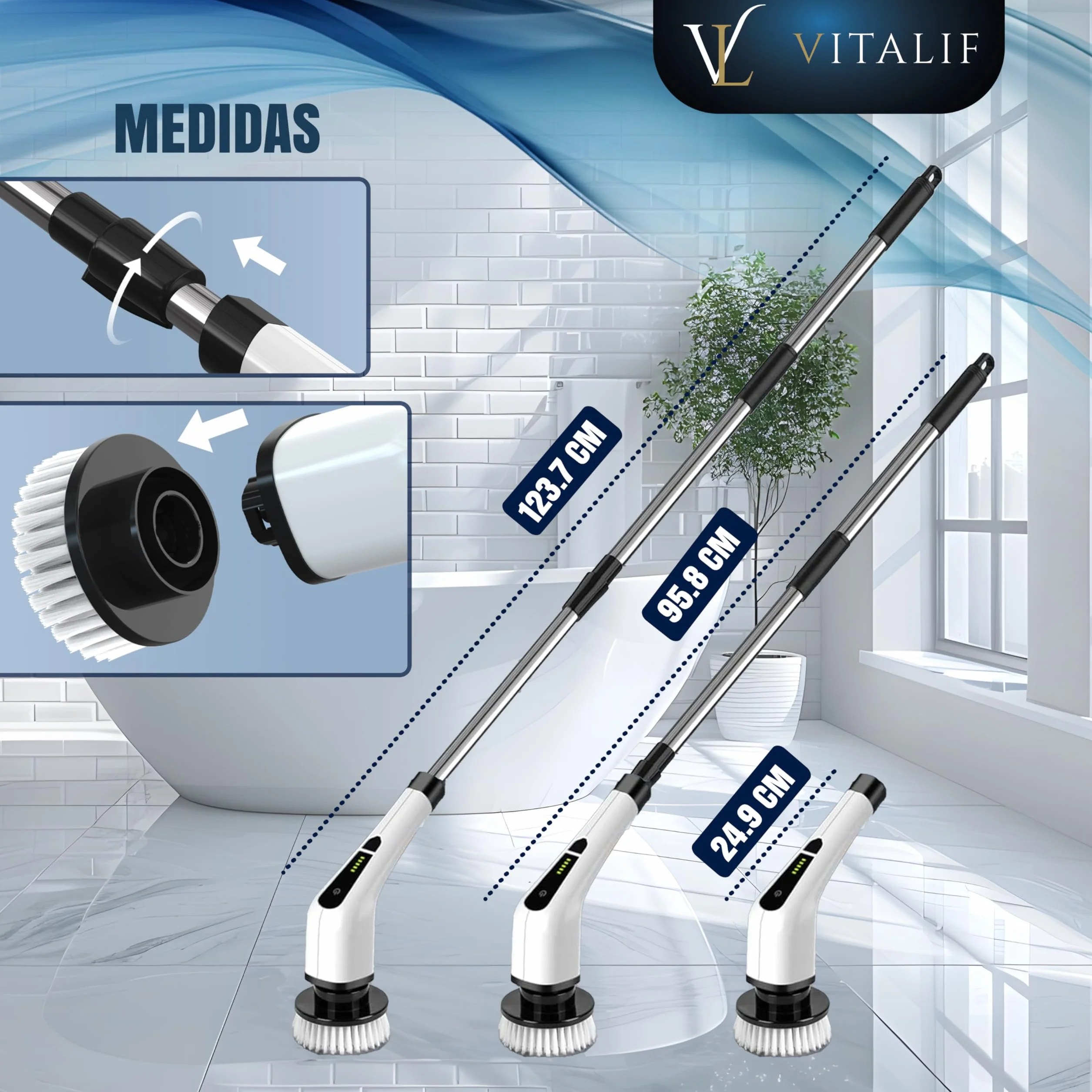 Super Cepillo electrico Limpieza hogar 12 Cabezales, Escoba electrica Limpieza Premium, 2 Velocidades, Batería 2600mah IPX6, Cepillo Limpieza Ducha, Cocina, Limpiador electrico 25W, pulidora Suelos