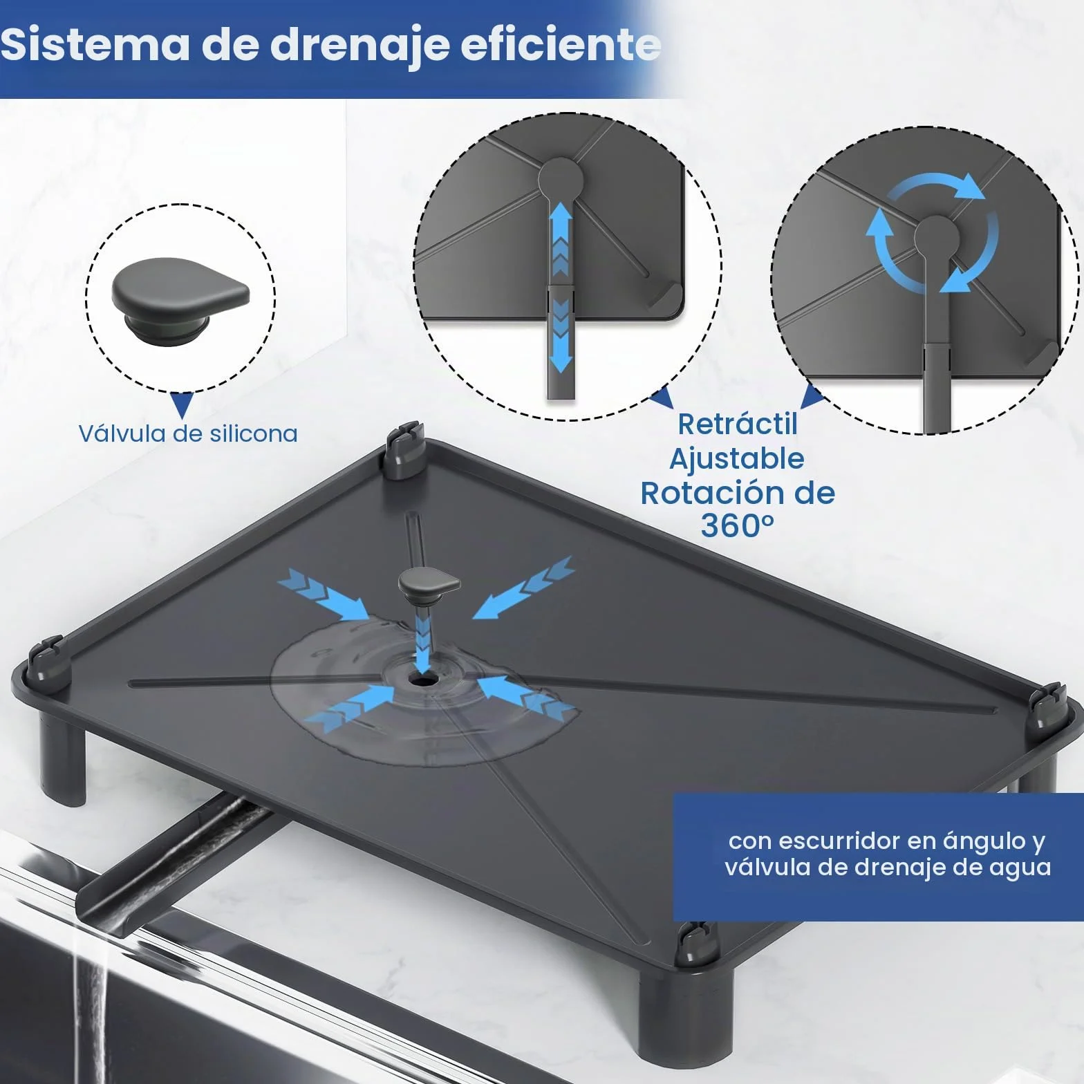 Escurridor de Platos Giratorio 360° con Drenaje Automático Extensible, Organizador de Cocina Ahorra Espacio, Negro