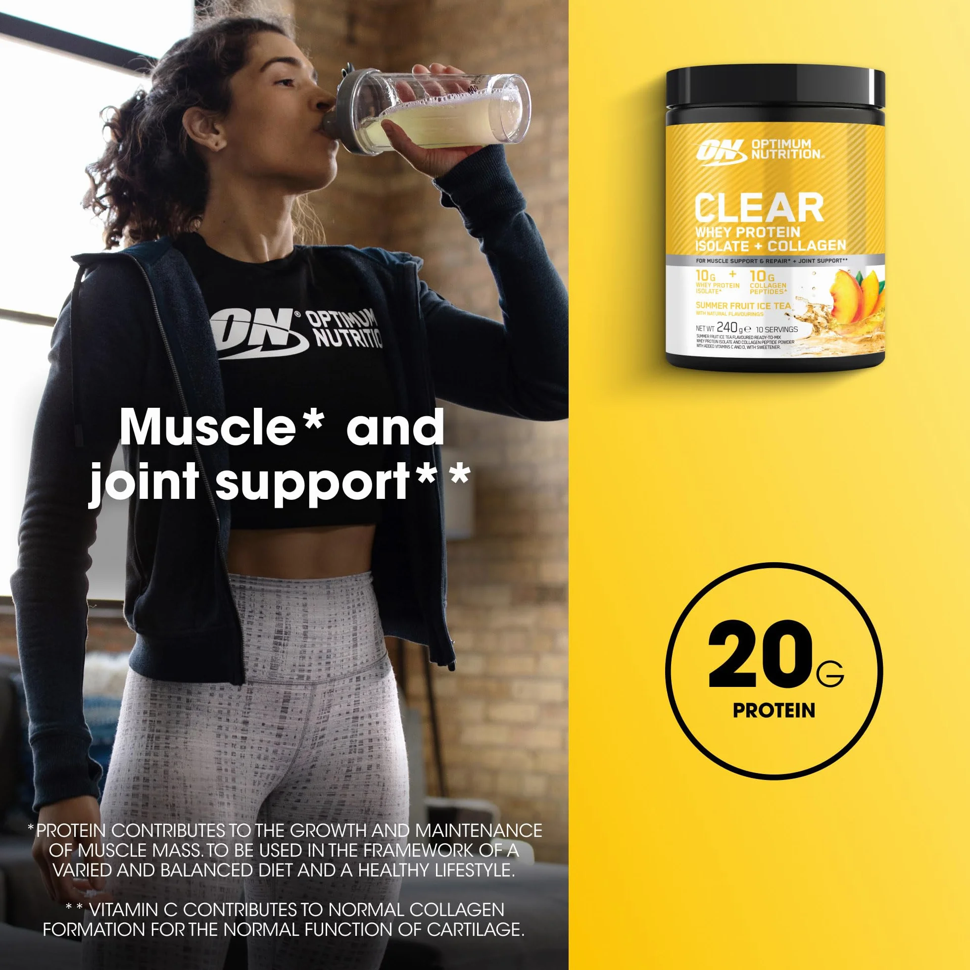 Optimum Nutrition Clear Whey + Colágeno, Té Helado Frutas de Verano, 240 g, 10 Porciones