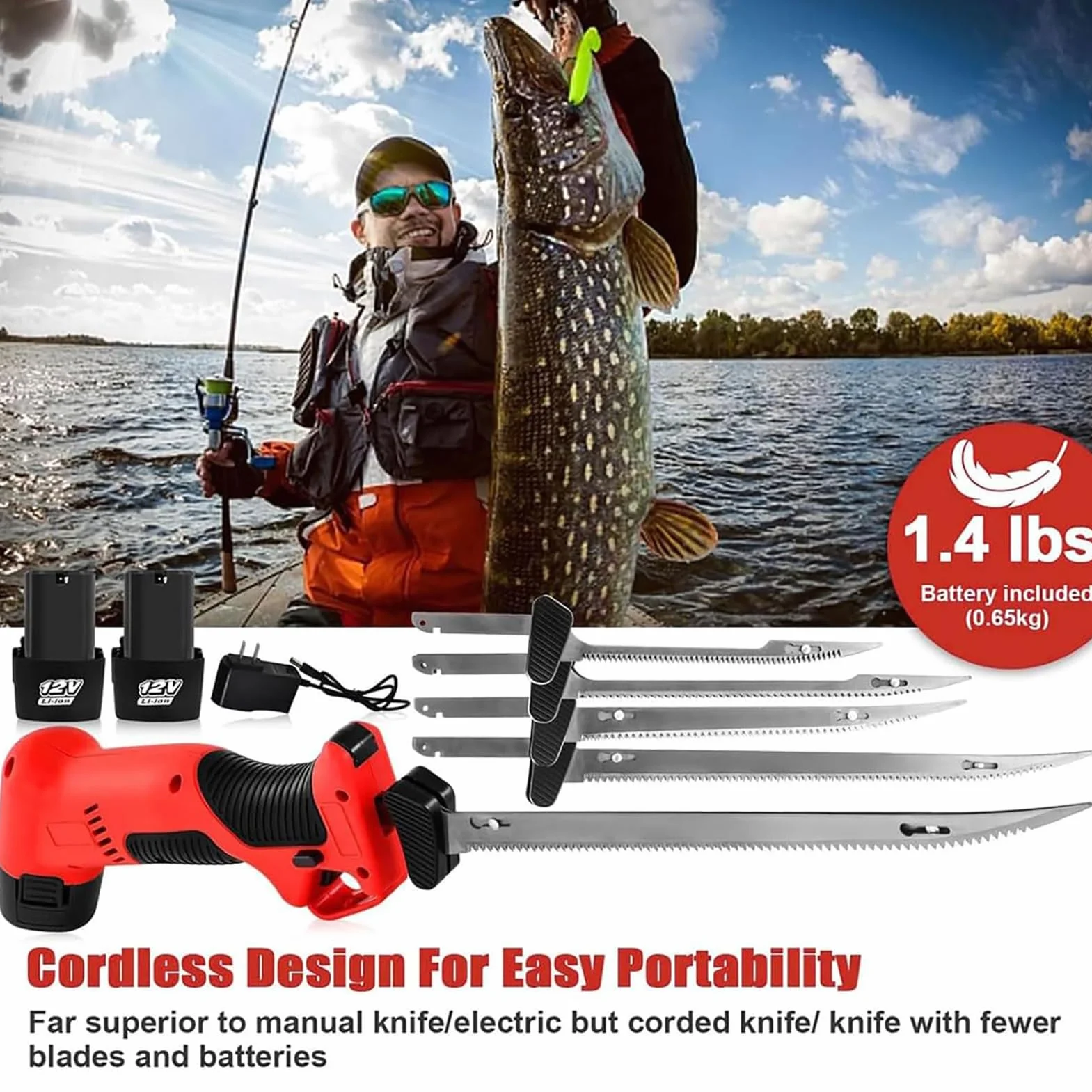 Cuchillo para Filete eléctrico inalámbrico, Cuchillo para Filete de Pescado Recargable con 4 Cuchillas antiadherentes recubiertas de nitruro de Titanio S.S. y 2 baterías, Velocidad Variable Continua