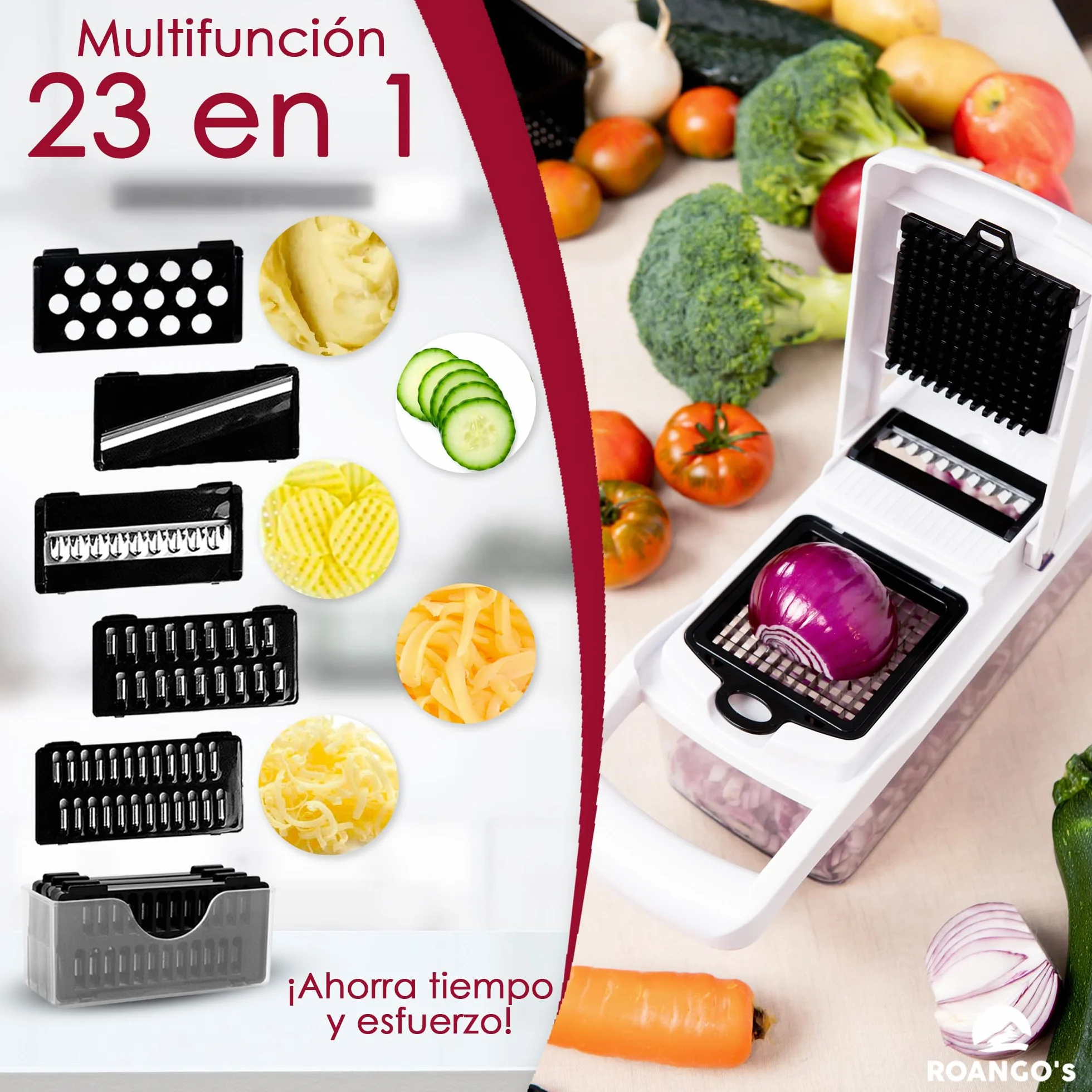 Multifuncional Cortador de Verdura Manual 23 en 1, Mandolina de Cocina Profesional, Picador de Verduras y Patata, Espiralizador, Rallador Cebolla, Cuchillas de Acero Inoxidable, Utensilios de Cocina.