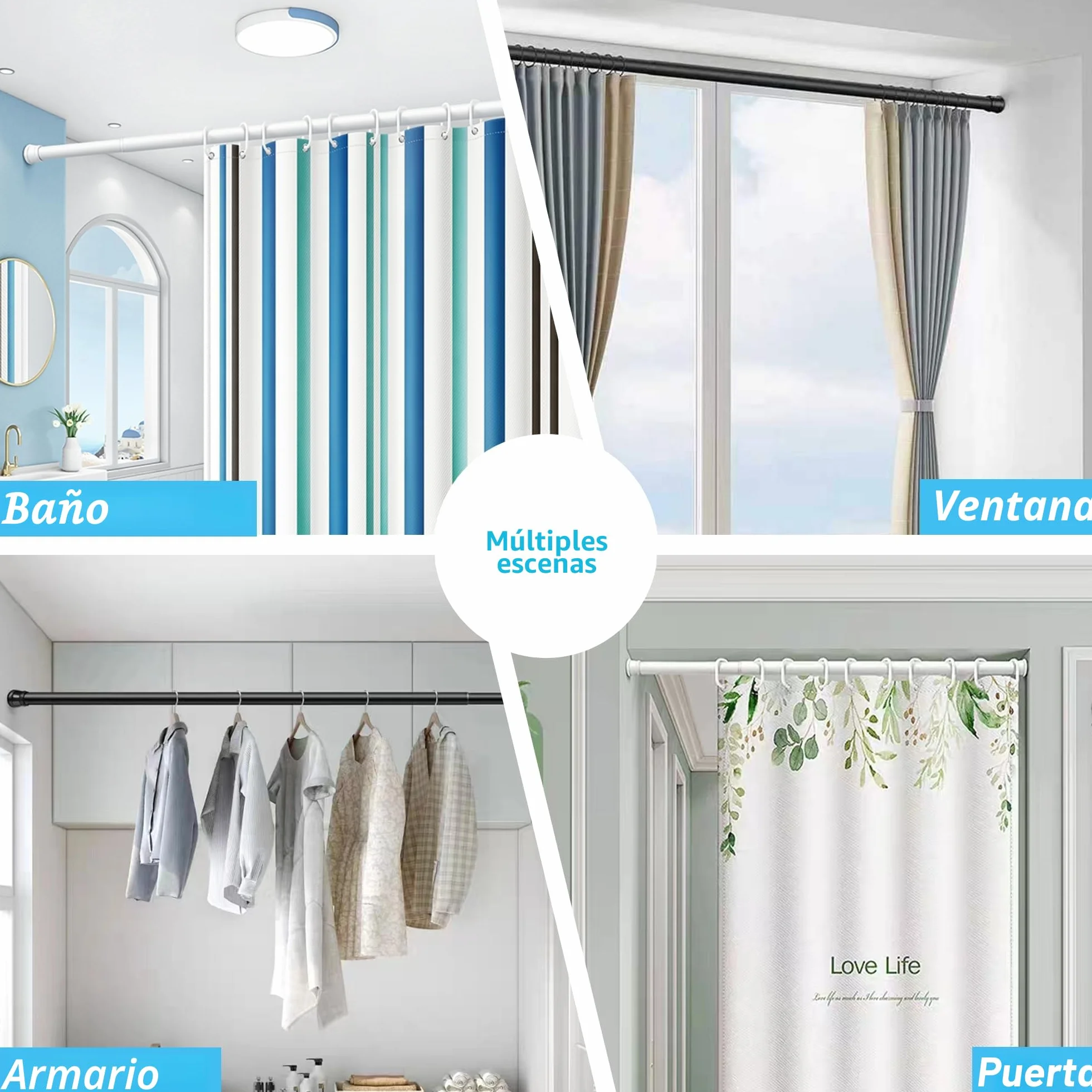 Barra de cortina extensible sin taladrar 66-90 cm blanco diámetro 25 mm para ventana baño