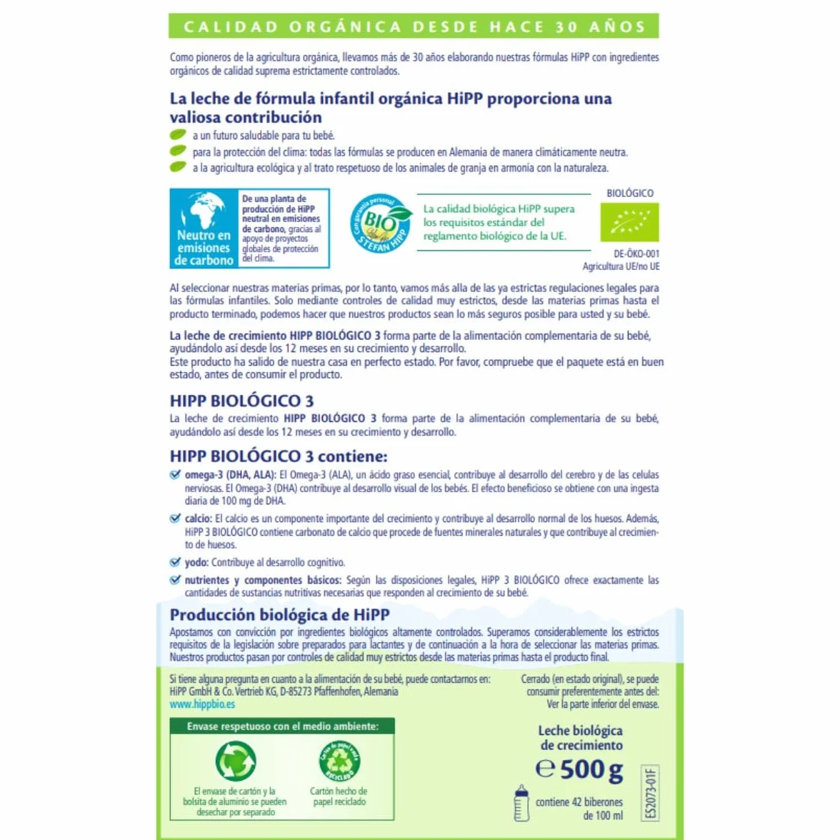 HiPP Biológico 3 Leche para bebés Ecológica 500 gr BIO a partir 12 meses