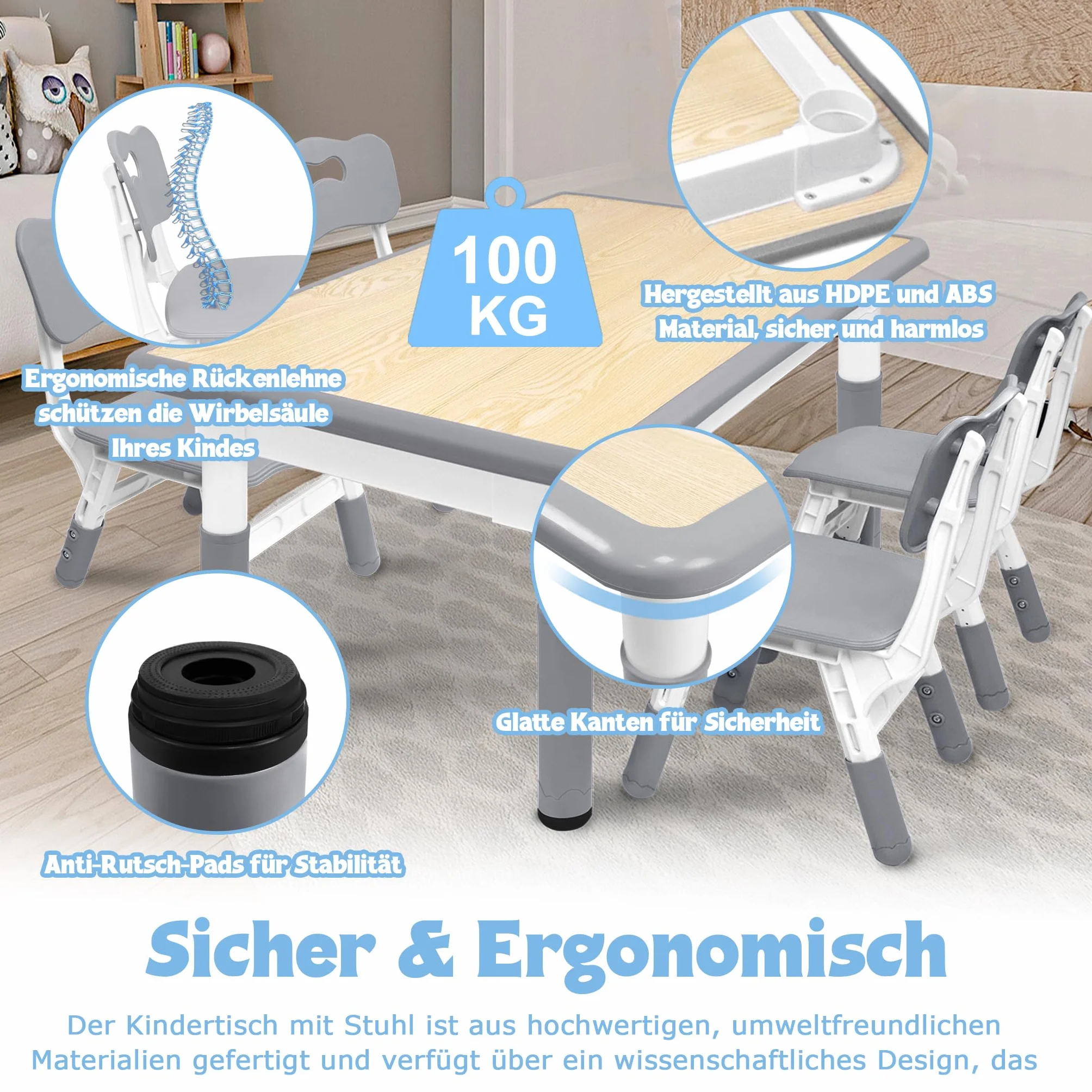 UISEBRT Mesa infantil con 4 sillas, grupo de asientos para niños a partir de 2 años, juego de mesa de plástico para guarderías y habitaciones infantiles, color gris