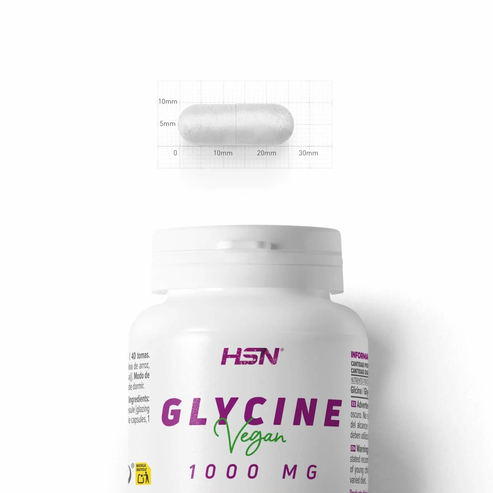 HSN Glicina 120 Cápsulas Vegetales 3000mg L-Glicina por Dosis Diaria Alta Concentración No-GMO Vegano Sin Gluten