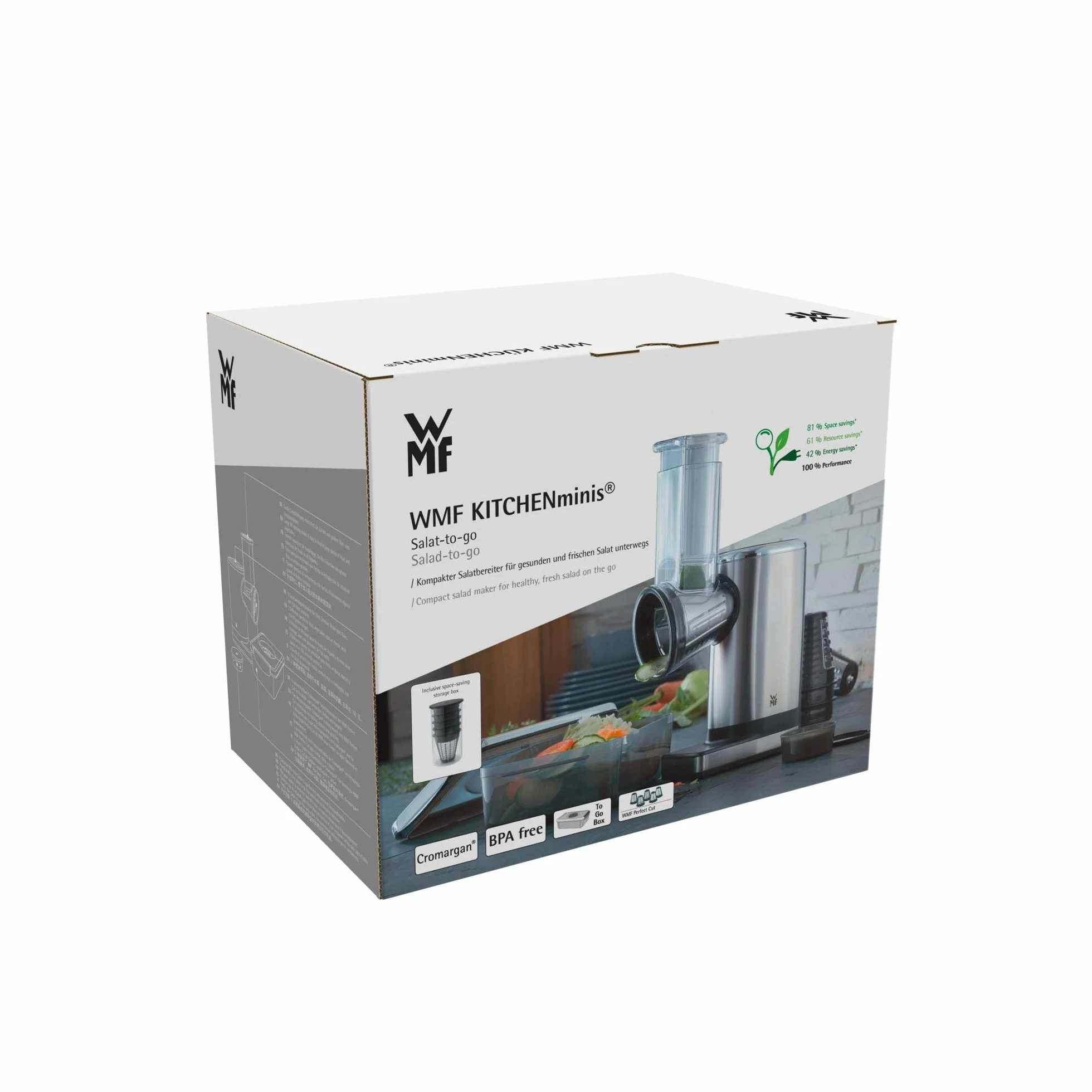 WMF Kitchenminis - Rallador Eléctrico con Accesorios Salad-To-Go, 150 W, Cromargan, 2 Velocidades, Negro/Plateado