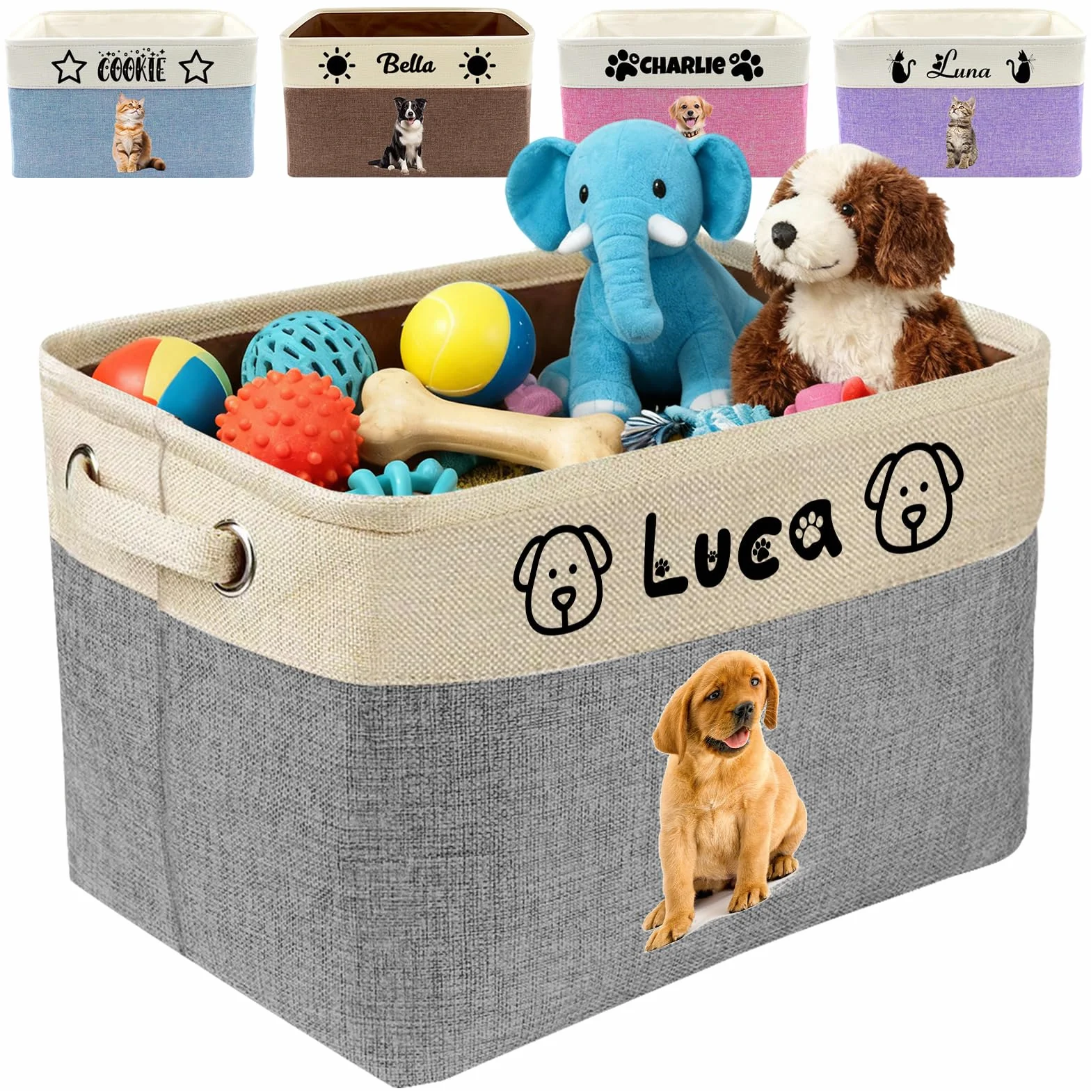 Cesta de Almacenamiento de Juguetes para Mascotas Personalizada - Organizador Personalizado de Juguetes para Perros y Gatos con Nombre, Contenedor de Tela Plegable y Duradero para Suministros