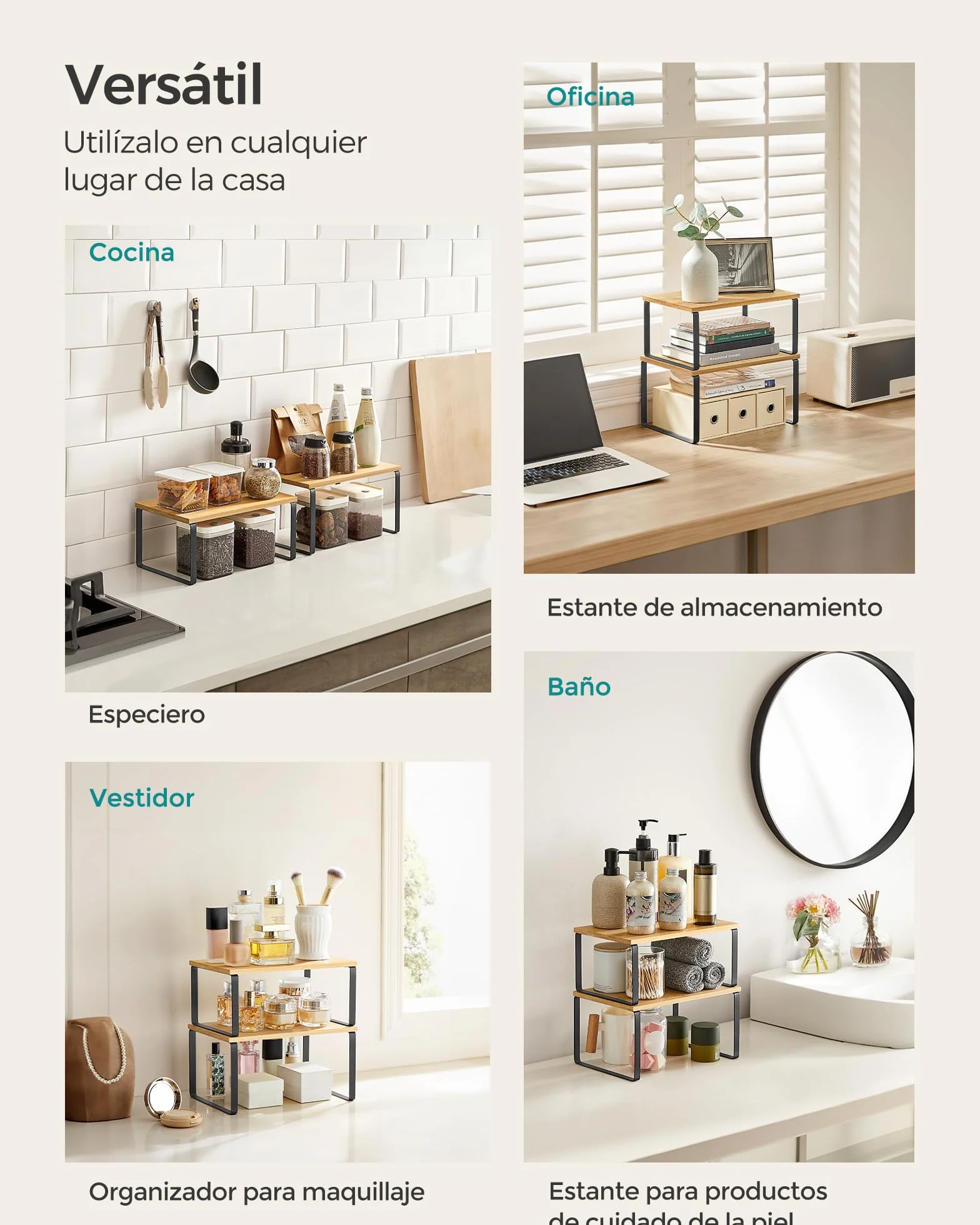 SONGMICS Estante para Especias Extensible de Metal y Madera, Juego de 2, Negro Tinta y Beige Natural KCS02NB