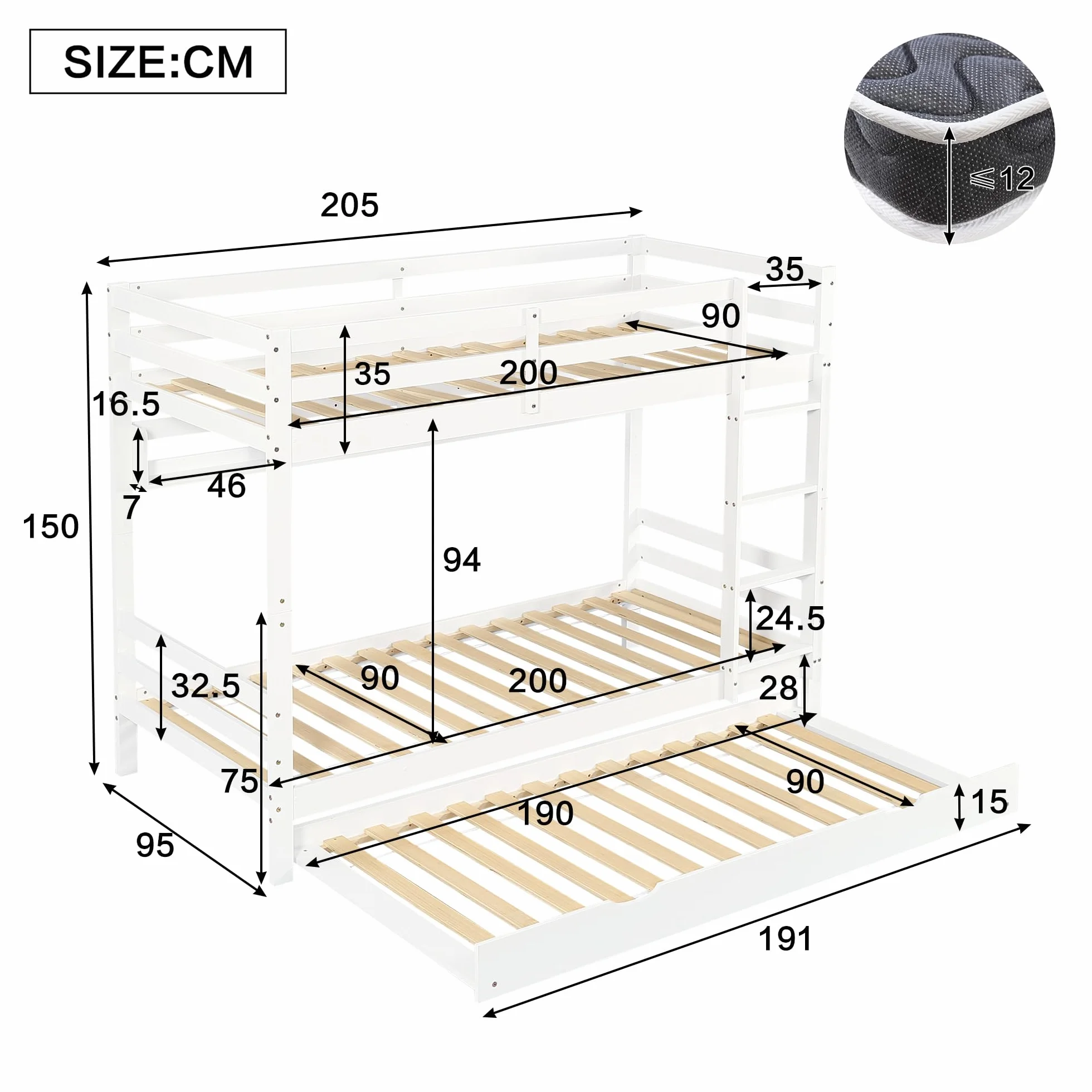 LAKFEW Litera Infantil 90x200 con Cama Nido 90x190 cm, Literas Cama Infantil con Protección Anticaída y Estante de Almacenaje, Camas Infantiles, Litera Triple Literas Infantiles, Blanco, Sin Colchón