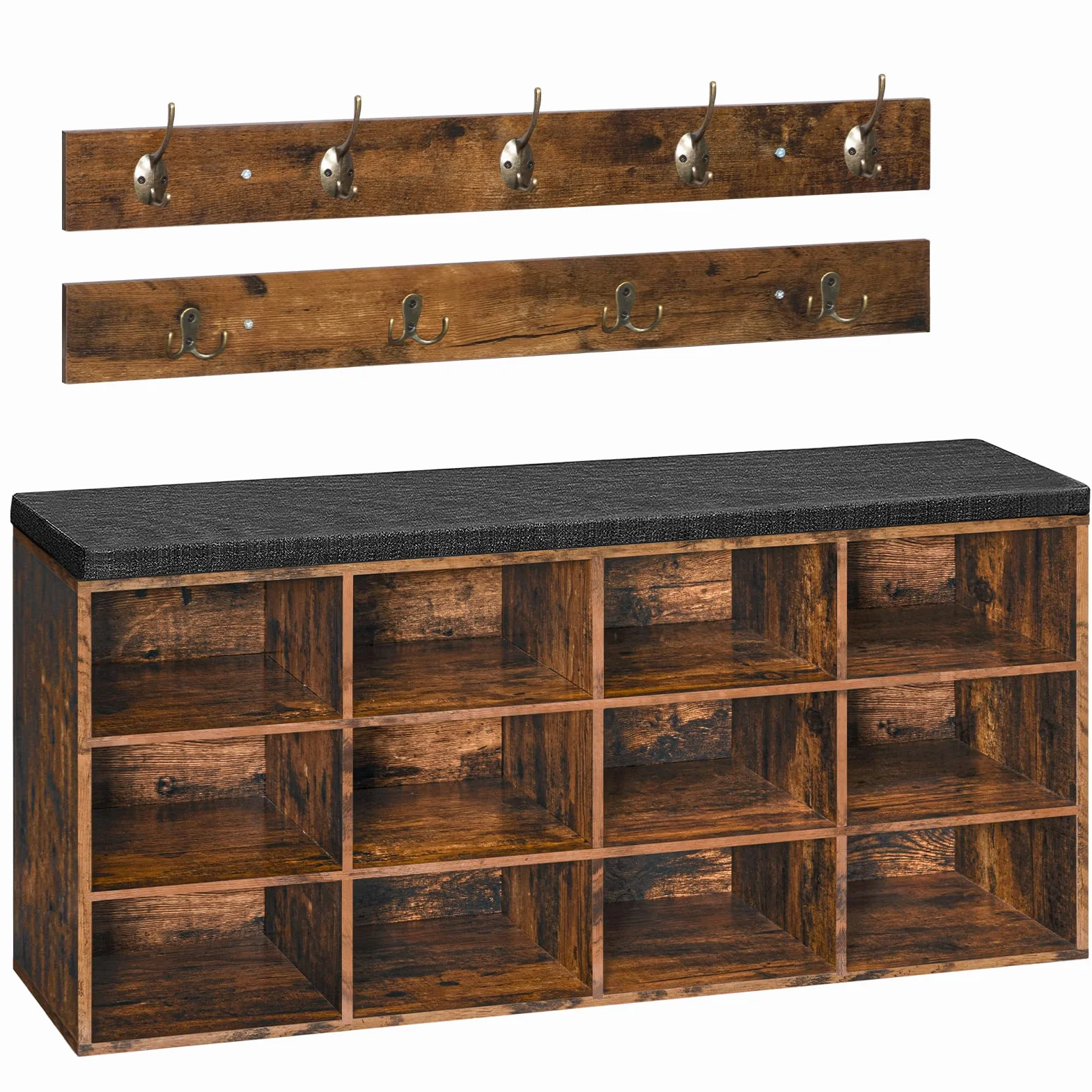 HOOBRO Banco Zapatero con Asiento, Perchero para Vestíbulo, 9 Ganchos, Banco de Almacenaje 12 Compartimentos, Organizador de Entrada, Adecuado para Pasillos, Dormitorios Marrón Rústico EBF112HX01G1