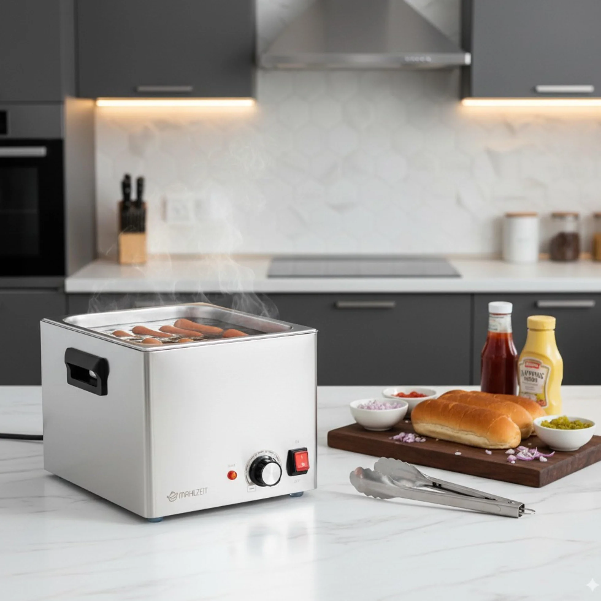 Mahlzeit Calentador de Salchichas Eléctrico de Acero Inoxidable | 29,5 x 34,5 x 24 cm | Calentador de Salchichas Gastro | 220-240 V | 1200 W | Calentador para Perritos Calientes, Hot Dog Warmer