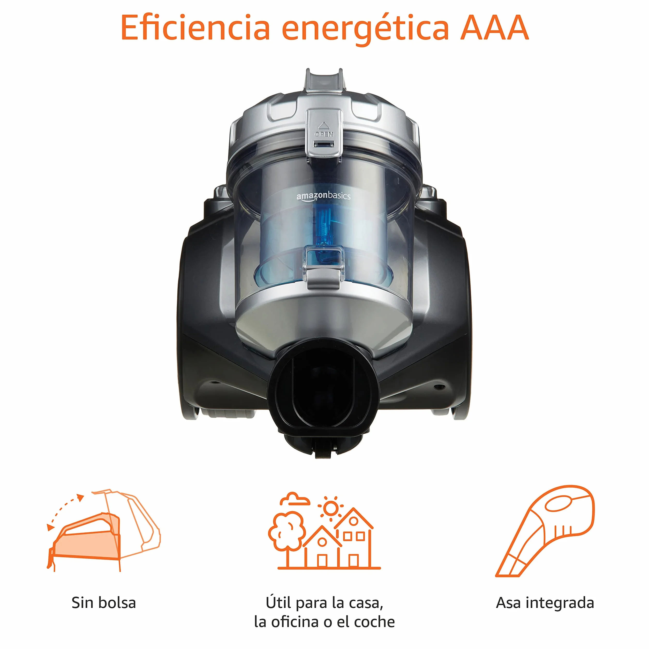 Amazon Basics Potente aspirador de cilindro sin bolsa, para suelos duros y alfombras, filtro HEPA, compacto y ligero, 700 W, 1,5 l (UE), Negro