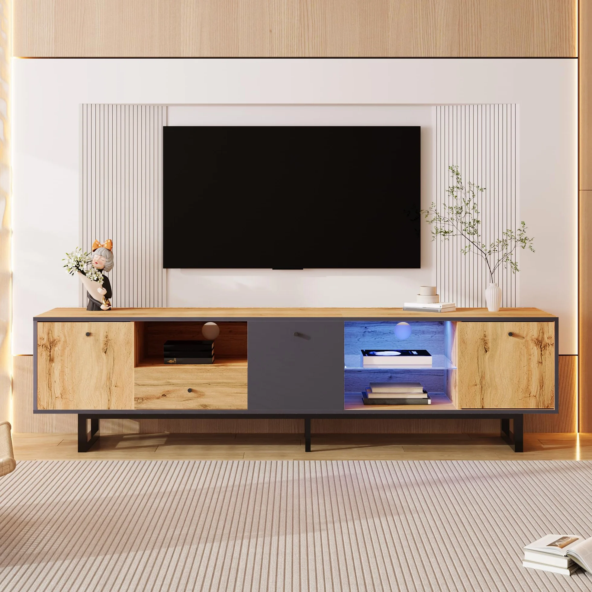 LAKFEW Mueble TV Salon de hasta 80 Pulgadas, Muebles TV con Iluminación LED y 3 Puertas, Muebles de Salon con 1 Cajón y 3 Compartimentos, Mueble Television, 190x40x50 cm, Natural