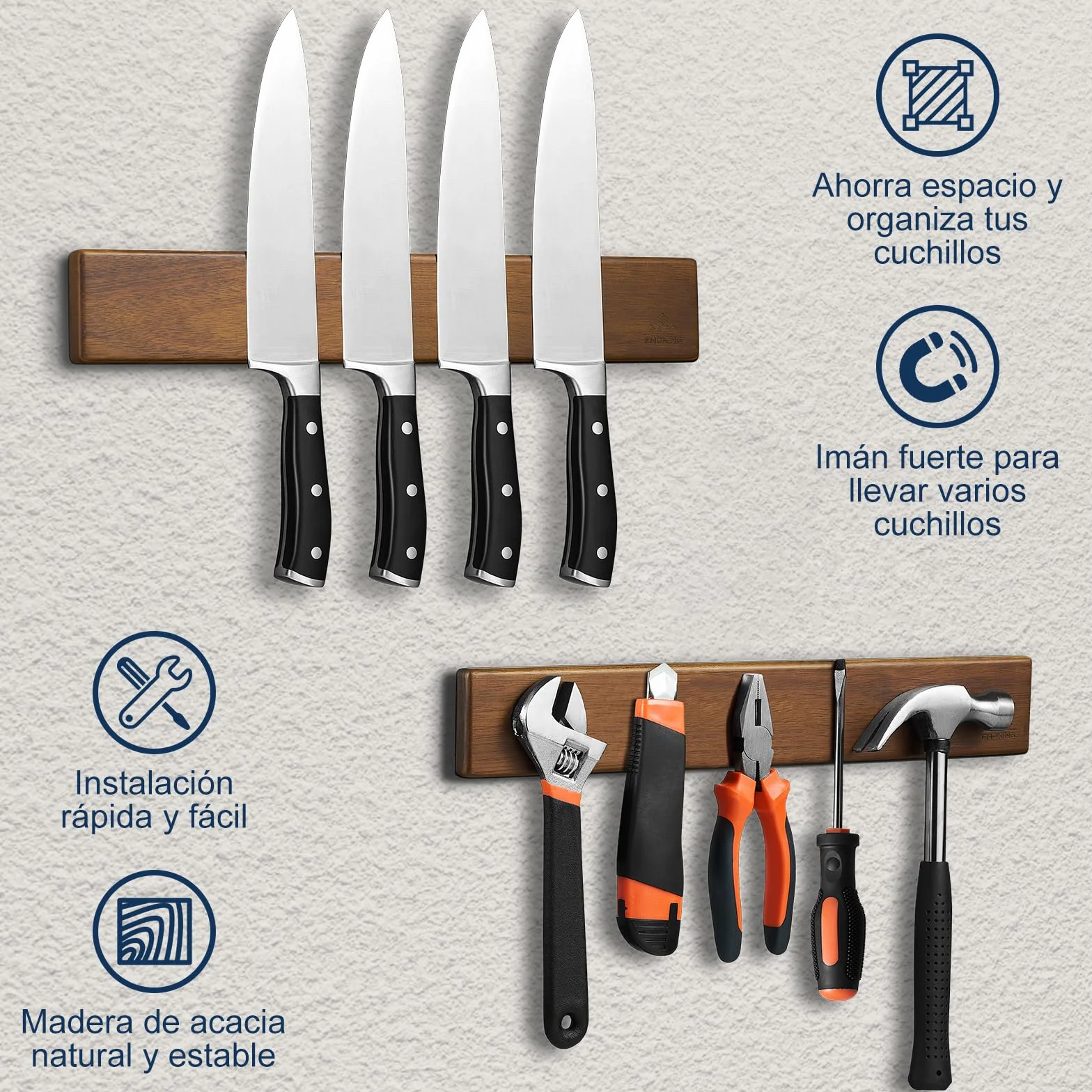 ENOKING Barra Magnetica para Cuchillos 40 cm, Soporte Imán de Madera de Acacia con Ganchos