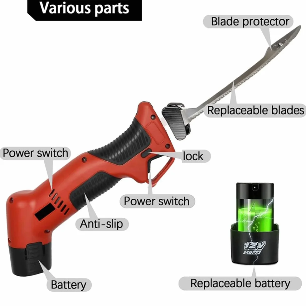 Cuchillo Eléctrico Recargable para Filetear con 4 Hojas Antiadherentes de Nitruro de Titanio y 2 Baterías Recargables con Enchufe Europeo