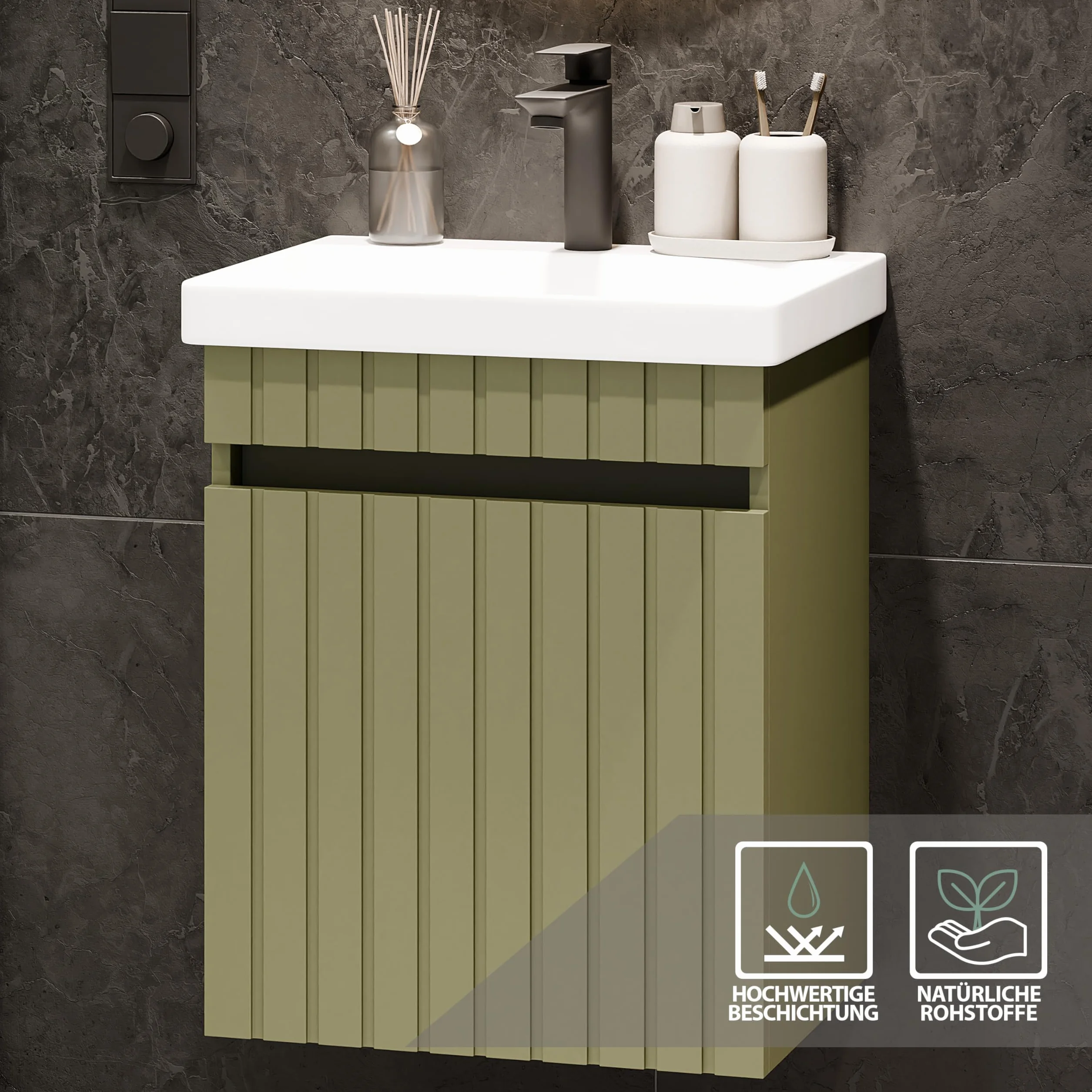 Planetmöbel Cosmia - Set de muebles de baño con lavabo y armario bajo 50 x 60 x 35 cm, color verde menta, grifo de baño negro, lavabo de cerámica con puerta