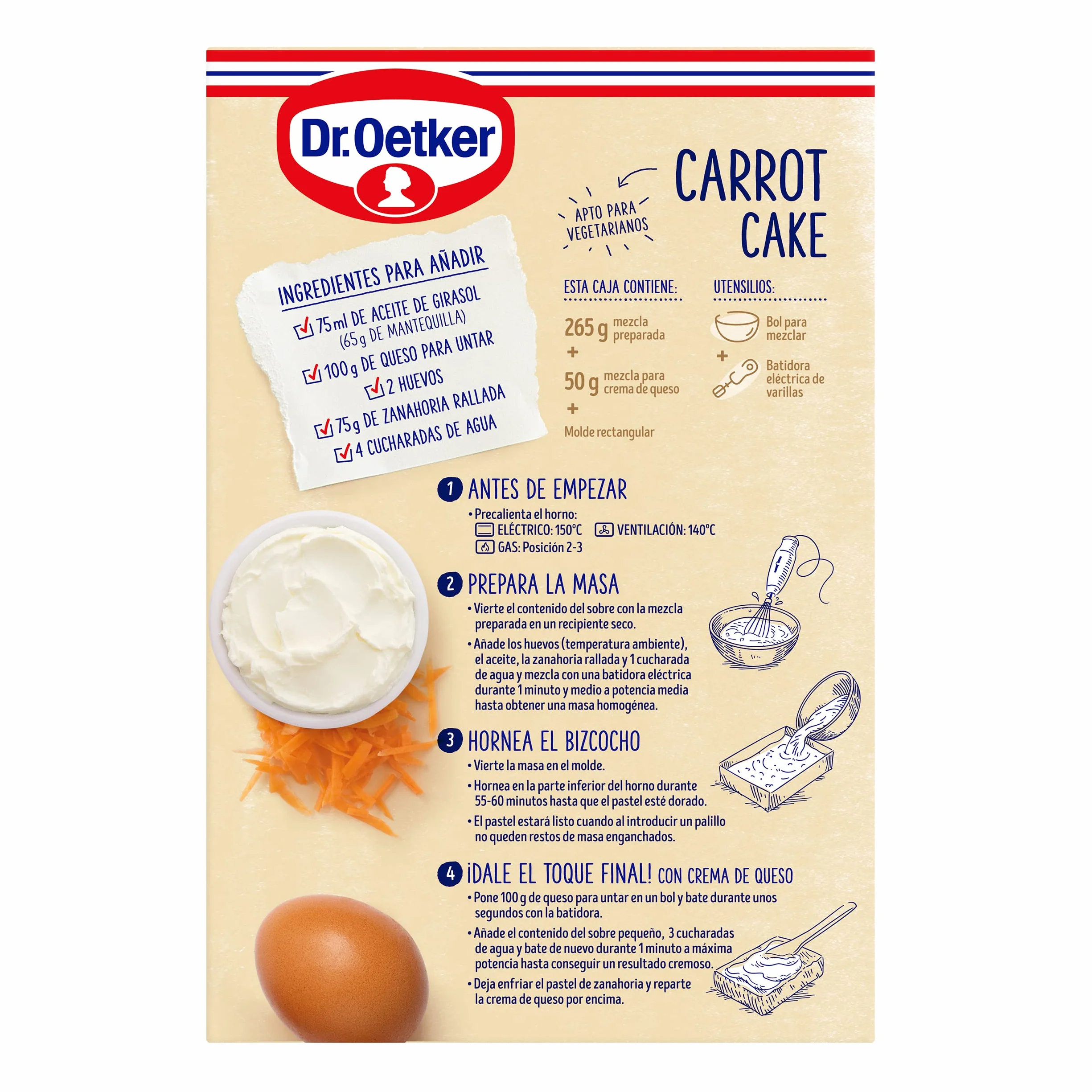 DR. OETKER Pastel de Zanahoria, Preparado para Tarta de Zanahoria con Crema de Queso 265g + 50g + Molde, 8 Raciones