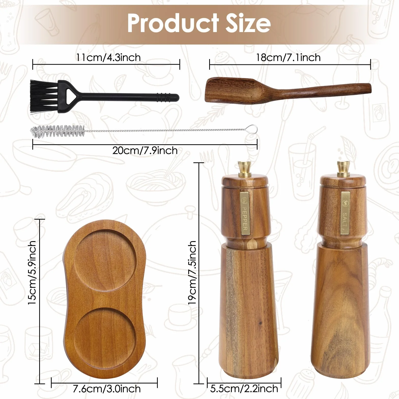 Juego de Molinillo Pimienta Madera con Bandeja, 2 Molinillo Especias Manual, Grueso Ajustable, Rotor de Cerámica para Moler, para Chile, Lila, Pimienta, Sal, 8 Pulgadas, (Marrón+Marrón)