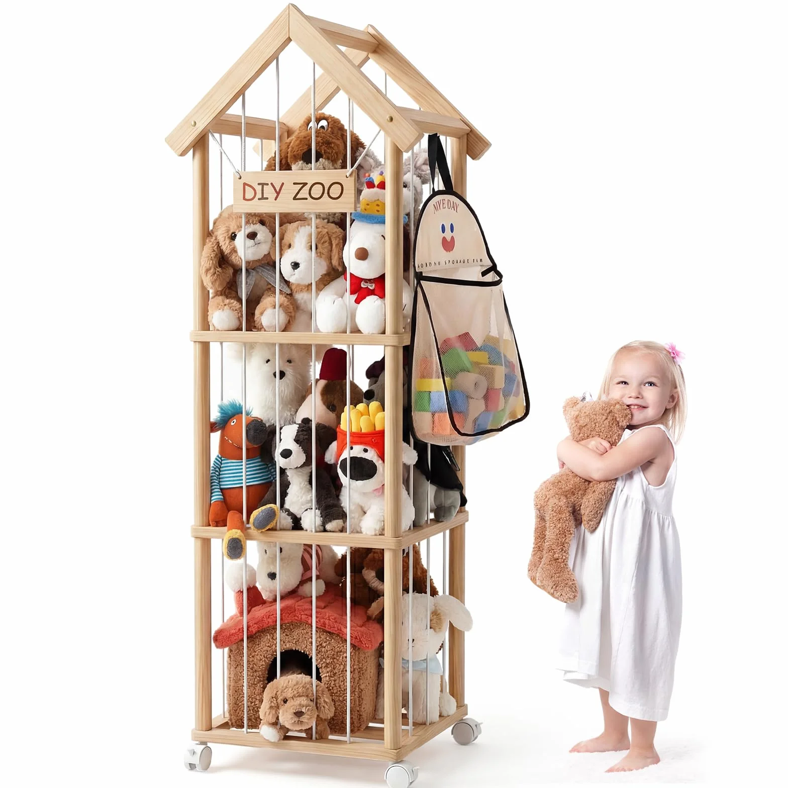 Almacenamiento de peluche, de madera, 138 x 41 x 41 cm, organizador de almacenamiento con freno de 360 °, ruedas equipadas para sala de juegos, habitación de los niños, dormitorio, habitación de los