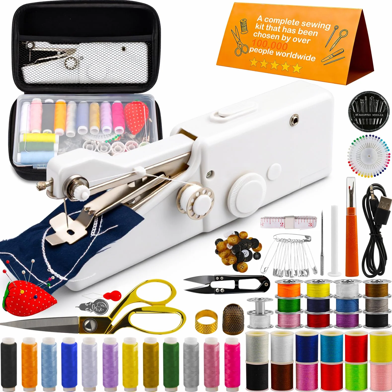 Máquina de coser de mano – Mini máquina de coser eléctrica portátil de 125 piezas | Kit de costura inalámbrico para principiantes, ideal para vaqueros y cortinas