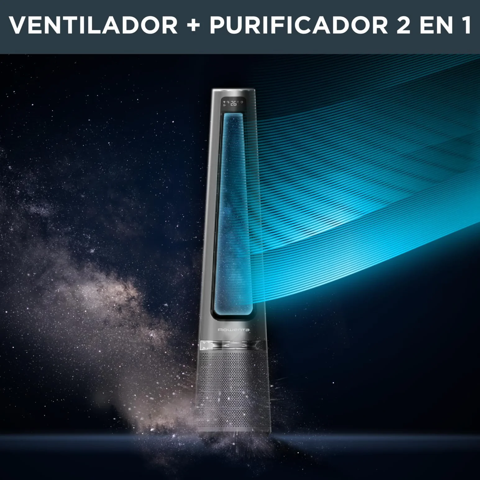 Rowenta 2 en 1 Purificador de Aire y Ventilador, 12 Velocidades, Oscilación, Filtra Partículas Finas hasta el 99,95%, Silencioso, Mando a Distancia, Plata, Eclipse, QU5030