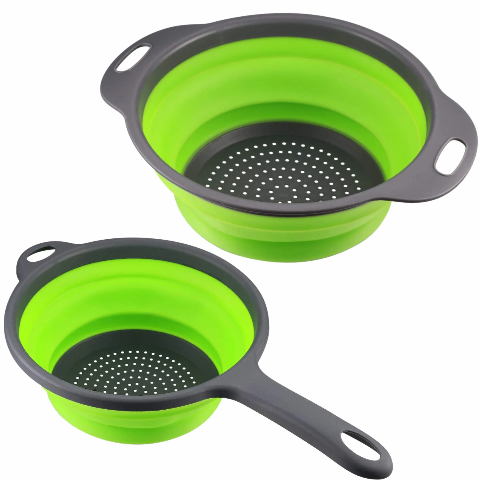 Colador Plegable Silicona con Asa, Cesta de Drenaje para Frutas y Verduras, Colador de Cocina - Verde, 2 Piezas