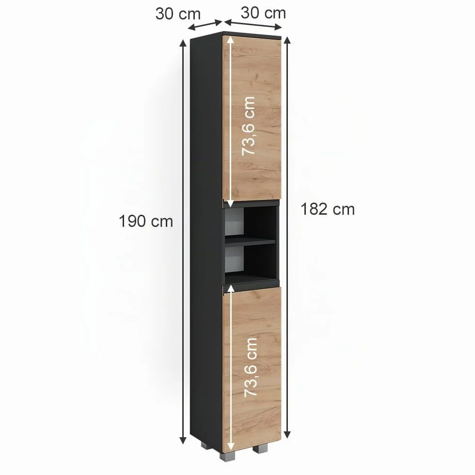 Vicco Armario de baño J-Shape, Gris, 30 x 190 cm, para Almacenamiento y combinación con Otros Elementos en Forma de J