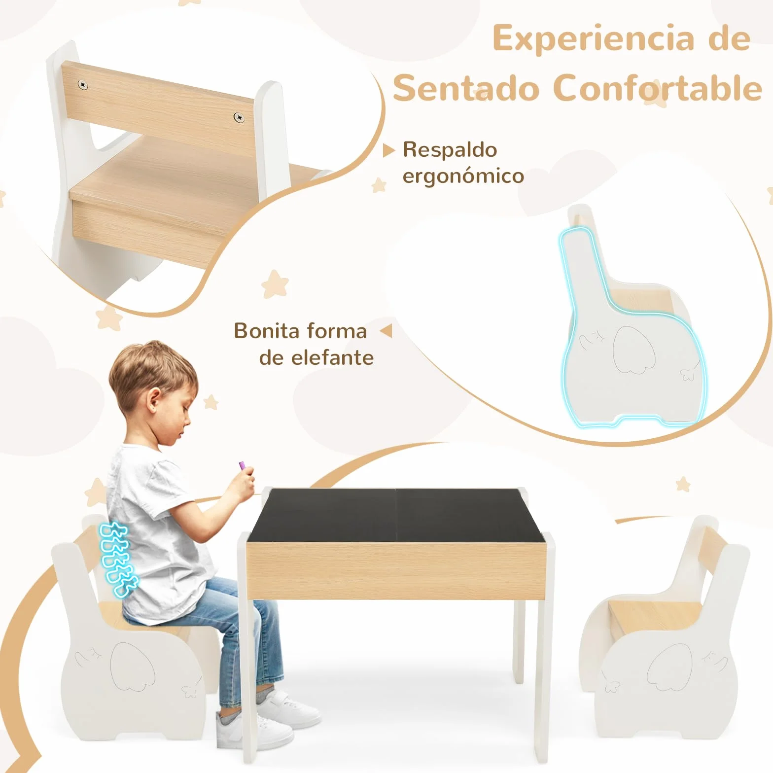 RELAX4LIFE 4 en 1 Juego de Mesa y 2 Sillas Infantil con Pizarra, Pizarra Blanca y Espacio Almacenamiento, Mesa Reversible con Tablero Extraíble para Dibujar, Pupitres para Niños 3-6 Años (Blanco)