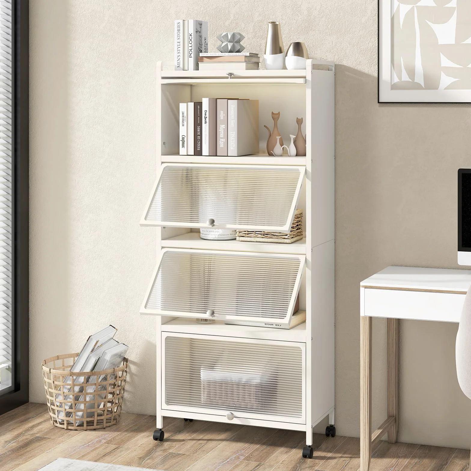 KOMFOTTEU Estantería de Cocina de 5 Niveles, Armario con 4 Ruedas y Puertas Transparentes, Mueble de Almacenamiento de Metal con Dispositivo Antivuelco para Comedor, 60 x 32 x 154 cm (Blanco)