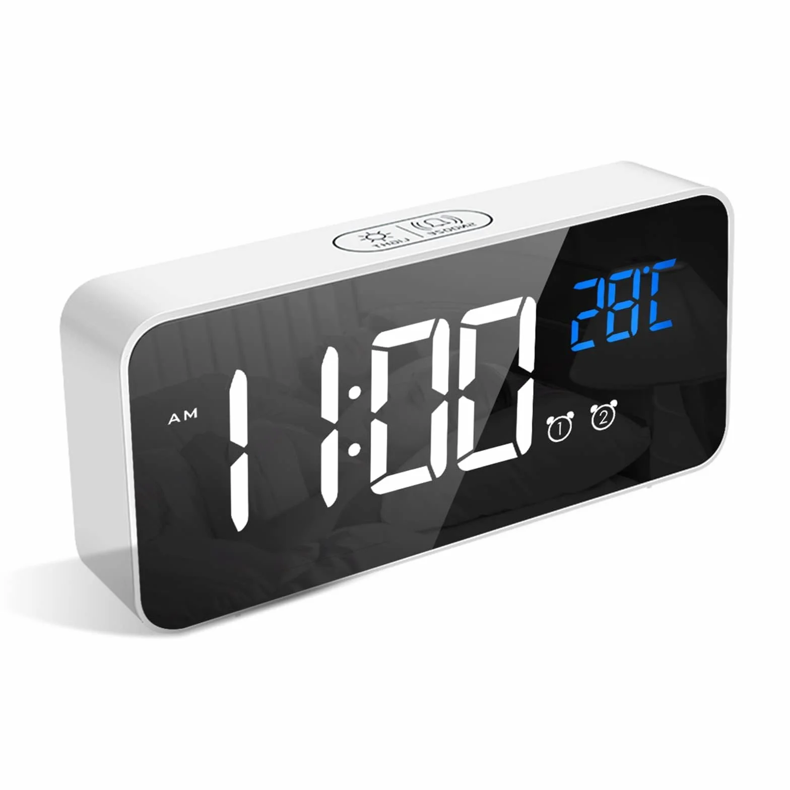 LATEC Reloj Despertador Digital LED con Espejo, Doble Alarma, Temperatura, USB, 10 Melodías, Brillo Ajustable, 12/24H Blanco