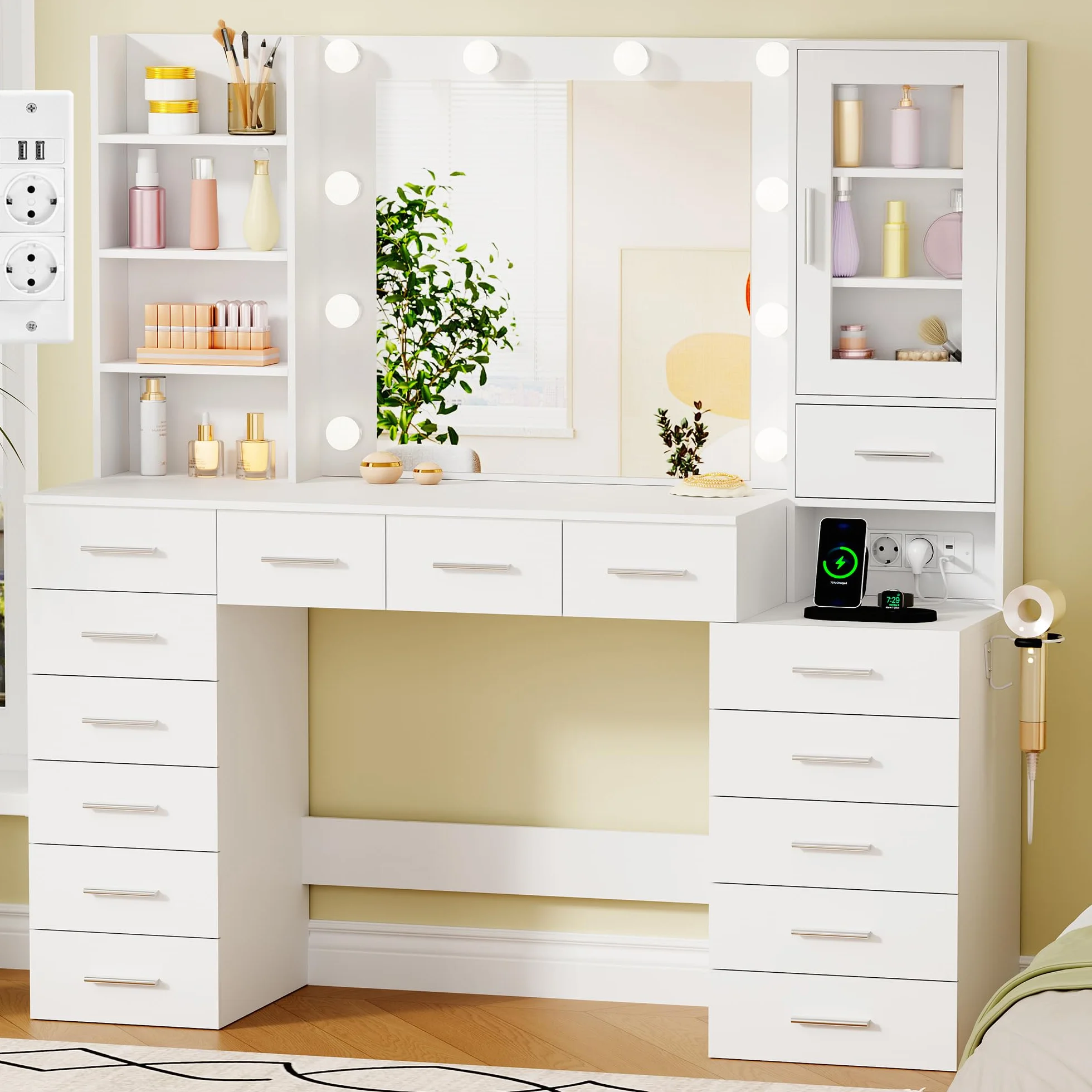 ANWBROAD Grande Tocador con luz LED, Brillo Regulable,Tocador de Maquillaje con Espejo y Enchufes, Mesa de Maquillaje con 15 cajones y 7 Estantes Abiertos para Dormitorio,Blanco Moderno BDT37W