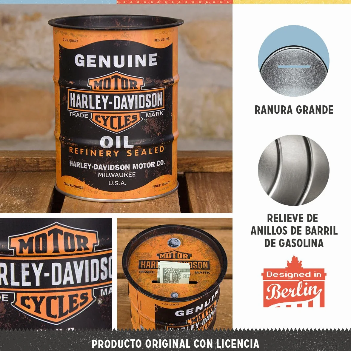 Nostalgic-Art Hucha Retro, 600 ml, Harley-Davidson – Genuine Oil – Idea de Regalo para Moteros, Official License Product (OLP), para Billetes y Monedas, diseño Vintage