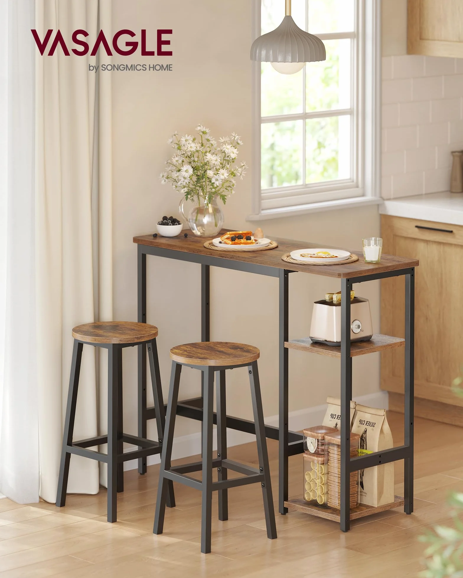 VASAGLE Mesa de Cocina con 2 Sillas, Conjunto Comedor con Estantes, Marco Acero, Marrón Rústico y Negro