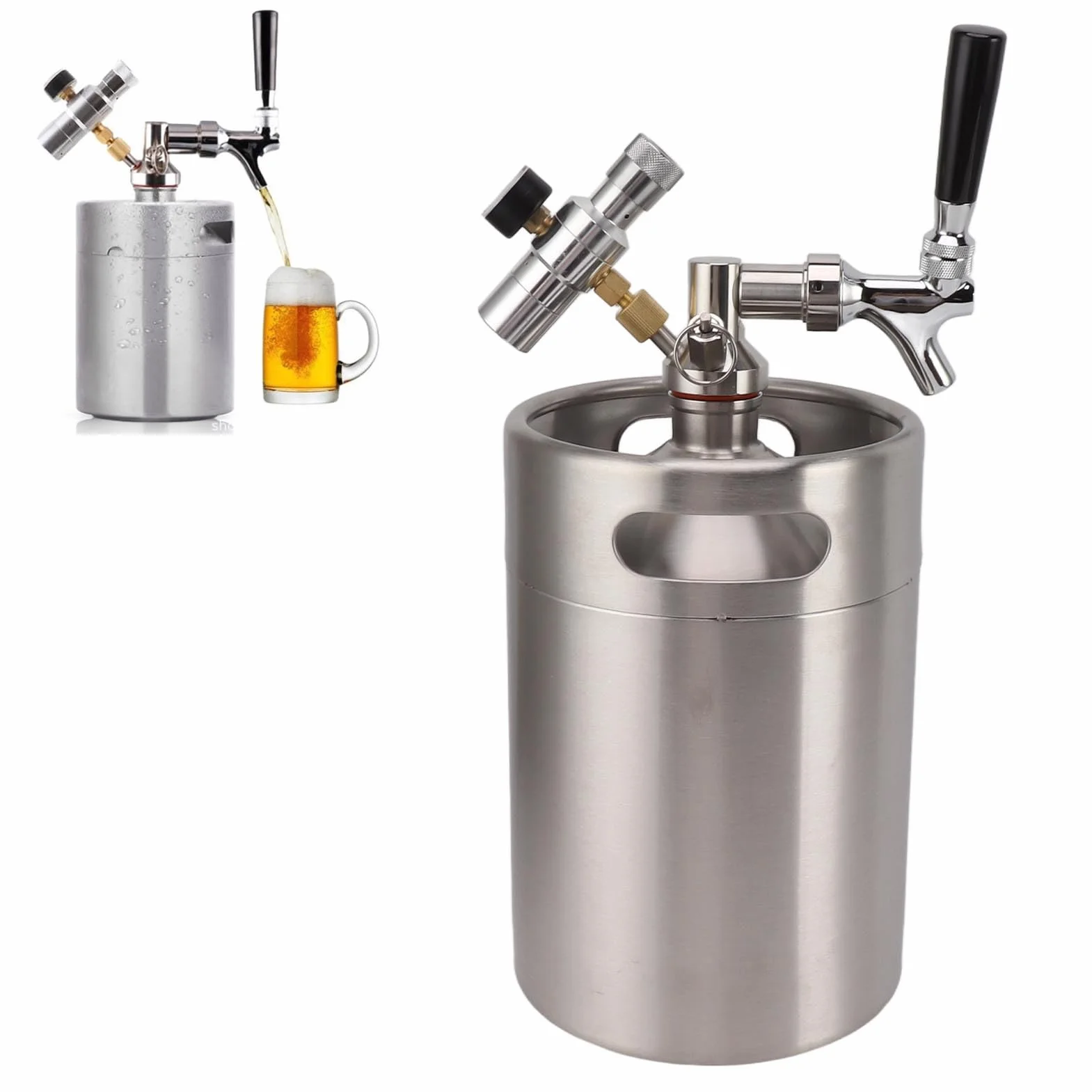 Barril de Cerveza de Acero Inoxidable 5L Barril de vino Presión de con Grifo Ajustable y Manómetro de 150PSI con Dispensador Automático Cerveza para Elaboración Casera para Caja Plana de Segundo Nivel