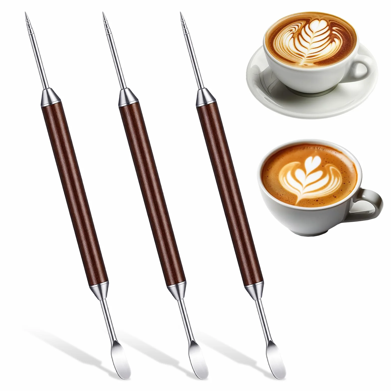 16 cm doble cara café arte bolígrafo, 3 unidades de acero inoxidable Latte Art Pen con mango de madera Barista Latte Art Pen Espresso Decorar accesorios de café para capuchino Latt Dekorier
