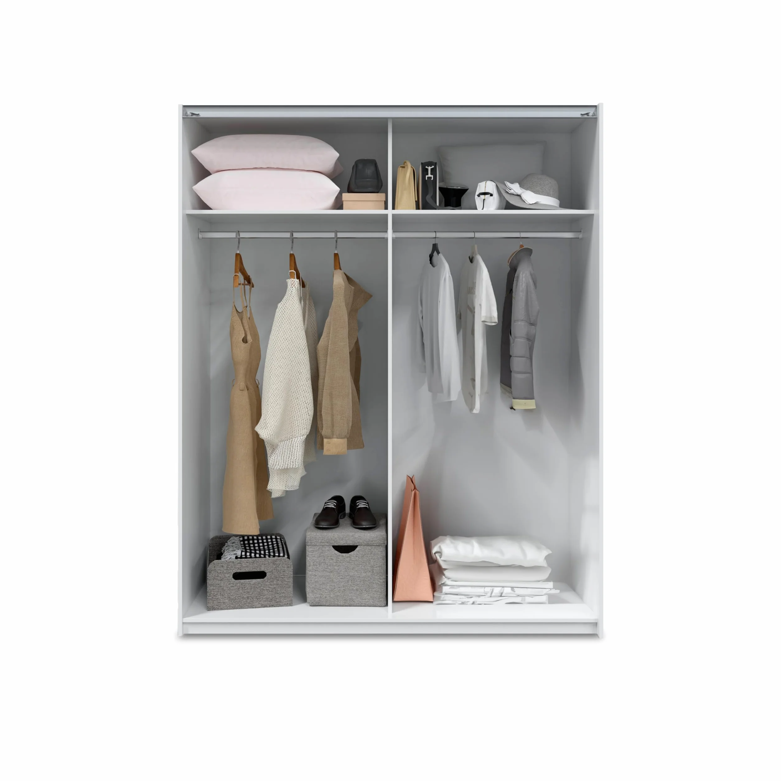 duehome | Armario de 2 Puertas Correderas, Barra de Colgar y Estantes, Armario para Dormitorio, Modelo Unix, Acabado en Blanco Artik, Medidas: 150 cm (Largo) x 200 cm (Alto) x 60 cm (Fondo)