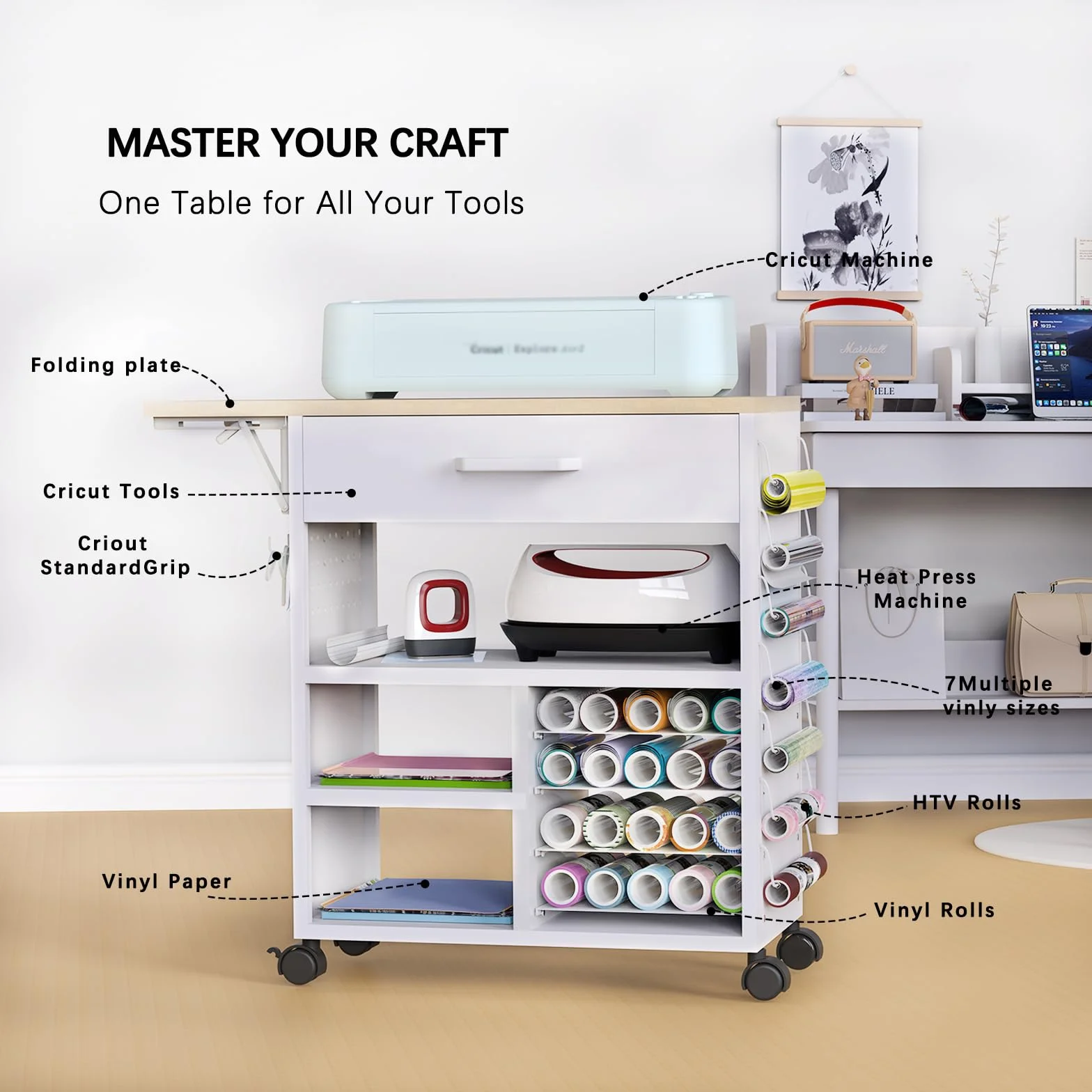 Carrito de manualidades resistente con cajones y estantes ajustables, estación de trabajo móvil rodante para Cricut Maker 3, Explore 3, vinilo, costura, ruedas de bloqueo, fácil montaje, organizador