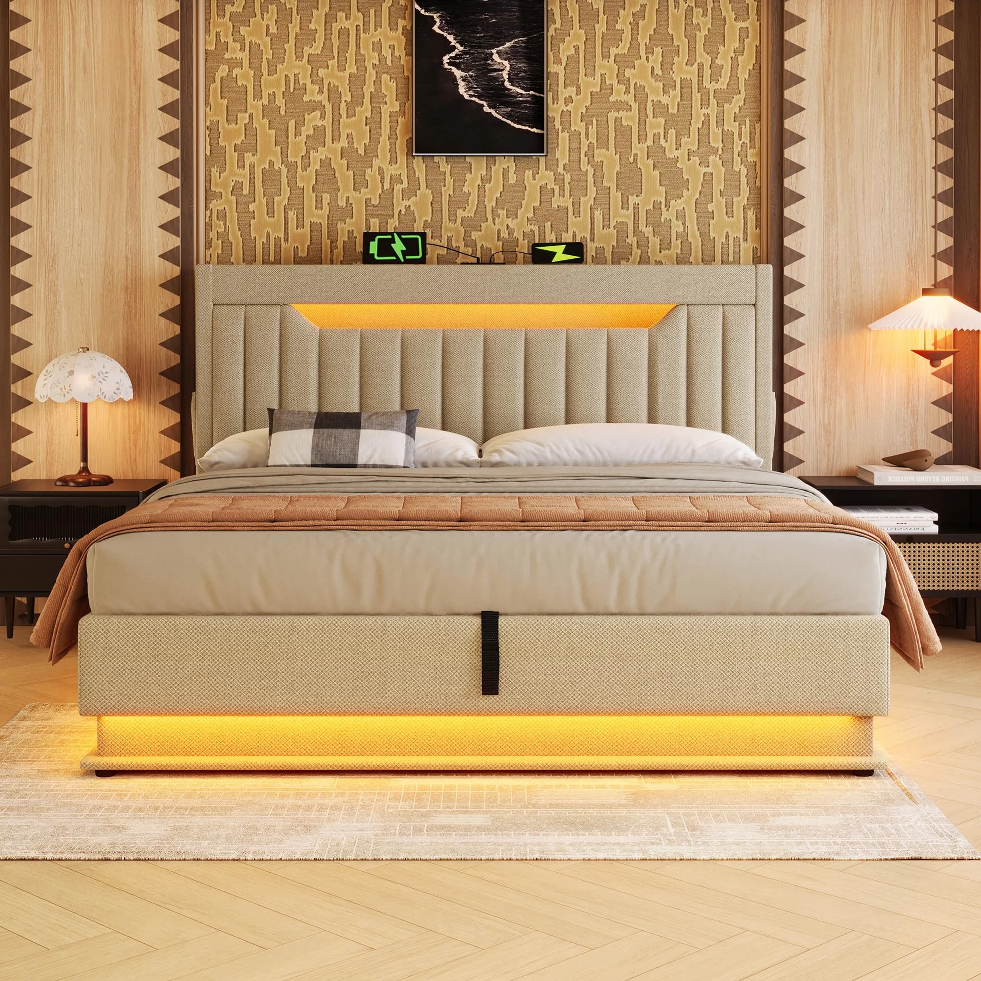 Cama tapizada de 180 x 200 cm, cama doble, cabecero de almacenamiento con conexiones USB y tipo C, iluminación LED en la cabecera y los pies de la cama, con espacio de almacenamiento hidráulico, lino